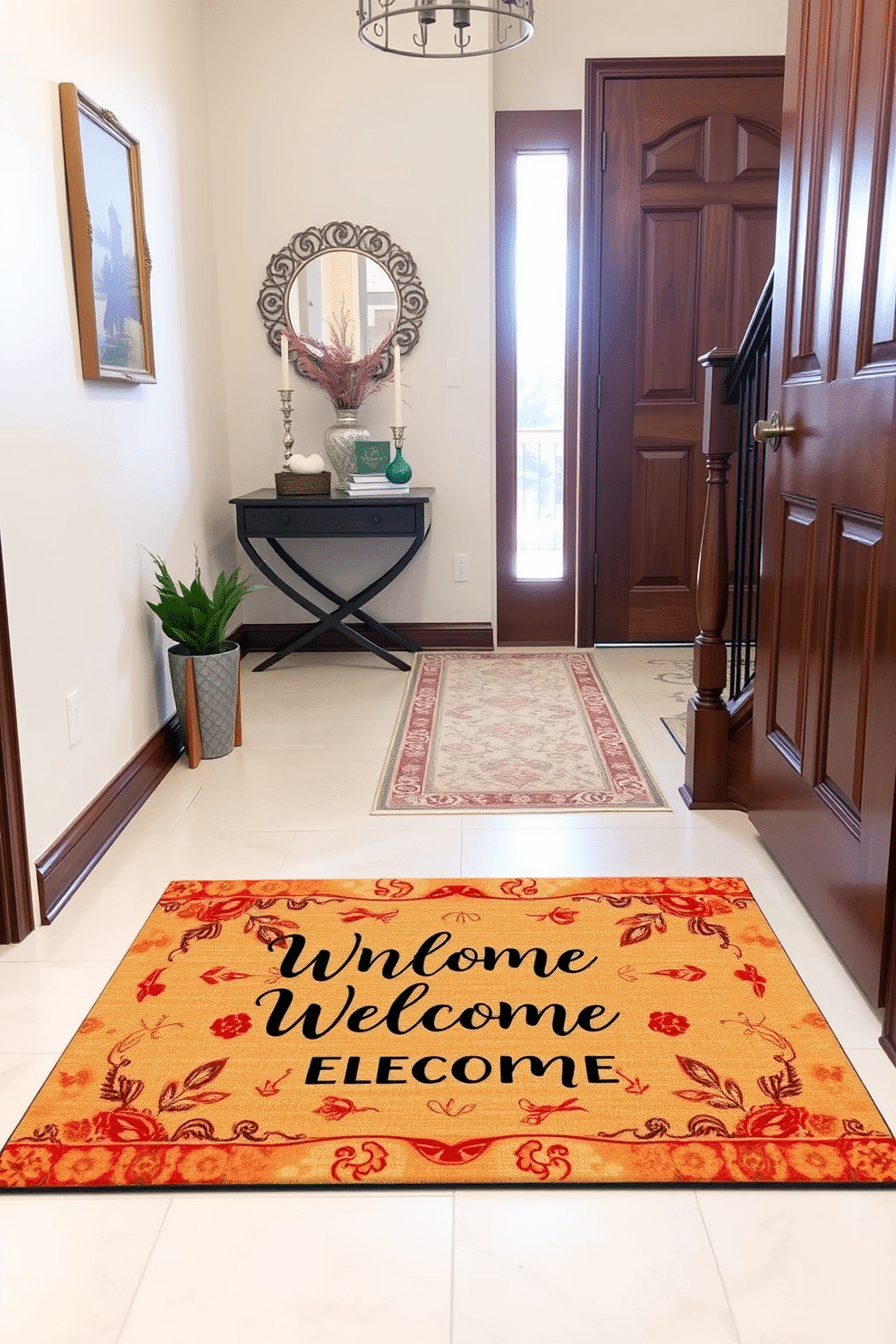 A personalized welcome mat featuring a charming design with a whimsical pattern and warm colors that invite guests into the home. The mat is placed in front of a beautifully crafted wooden door, enhancing the entryway's overall aesthetic. The staircase landing is adorned with a stylish runner rug that complements the surrounding decor, creating a cohesive look. Elegant wall art and a small console table with decorative accents add character and functionality to the space.