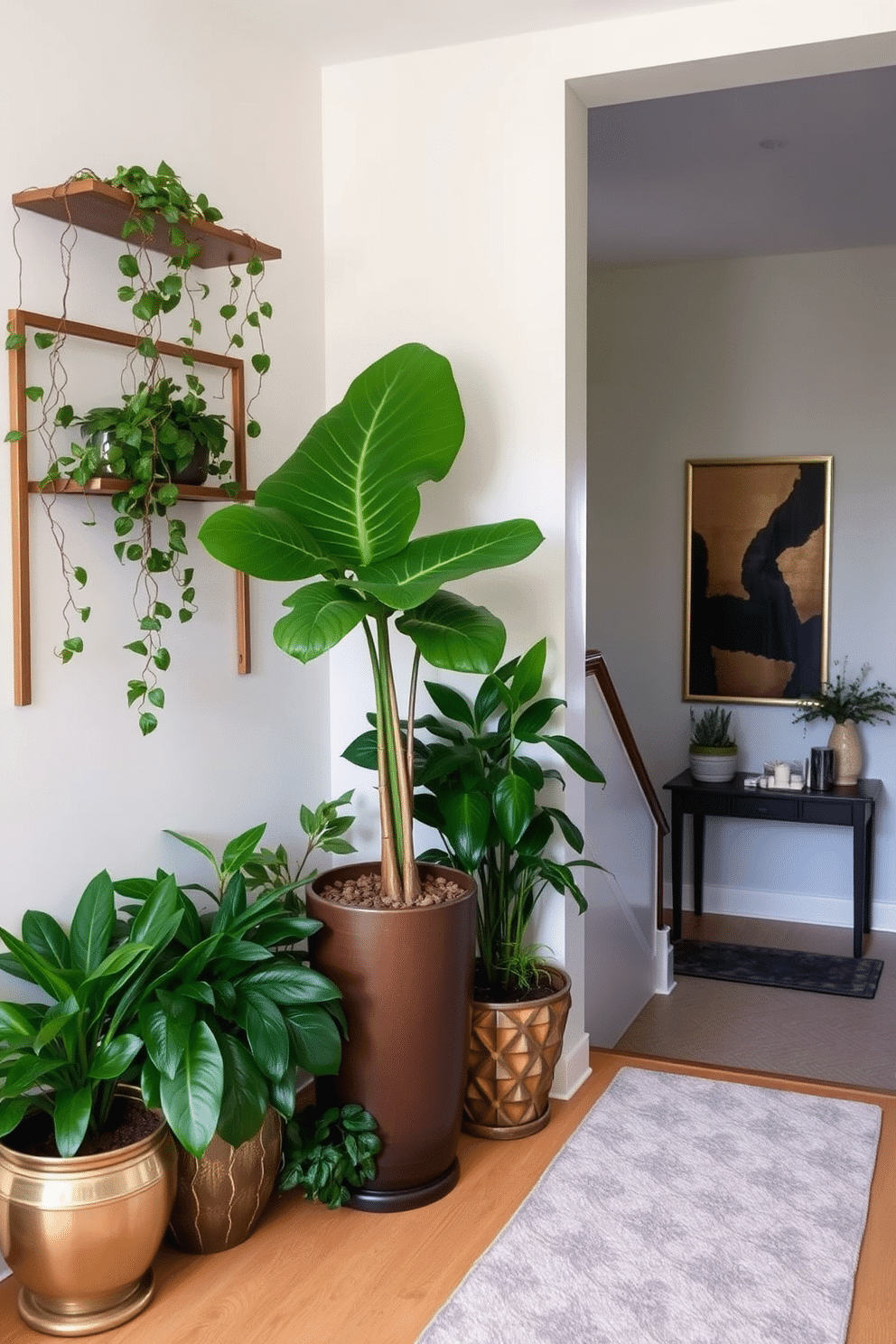 A decorative plant corner filled with lush greenery features a variety of houseplants in elegant pots. A tall, leafy fiddle leaf fig stands in the corner, complemented by cascading vines that hang from a stylish shelf above. The staircase landing is designed with a warm, inviting atmosphere, showcasing a statement piece of art on the wall. A plush runner rug leads down the stairs, while a small console table adorned with decorative objects adds a touch of sophistication.