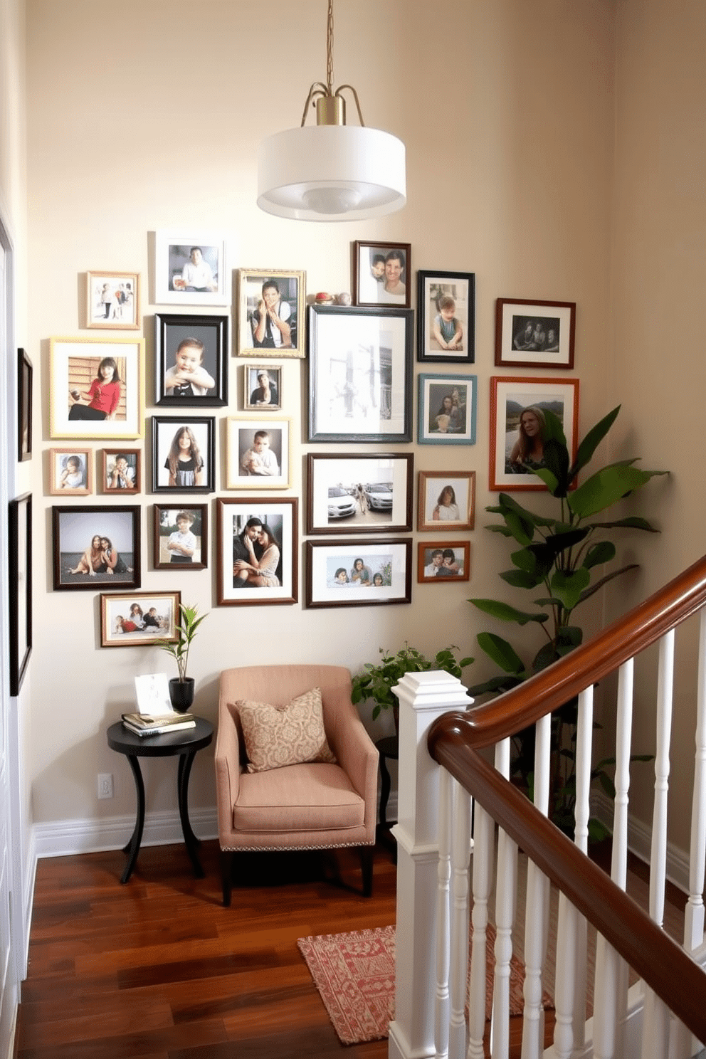 A gallery wall showcasing family photos features a mix of frame styles and sizes, arranged in an eclectic yet harmonious layout. The wall is painted in a soft neutral tone to highlight the vibrant colors of the photographs, creating a warm and inviting atmosphere. The staircase landing design incorporates a cozy reading nook with a plush armchair and a small side table, perfect for enjoying a book. A statement light fixture hangs above, while decorative plants add a touch of greenery, enhancing the overall aesthetic of the space.