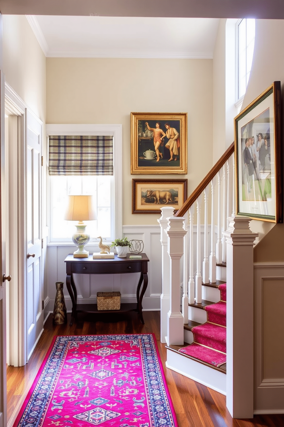 A bright area rug in vibrant hues adds warmth and texture to the space, creating a cozy atmosphere. The rug features intricate patterns that complement the surrounding furniture, enhancing the overall aesthetic of the room. The staircase landing is designed with a blend of functionality and style, featuring a small console table adorned with decorative accents. Natural light floods the area through a nearby window, illuminating the elegant artwork displayed on the walls.