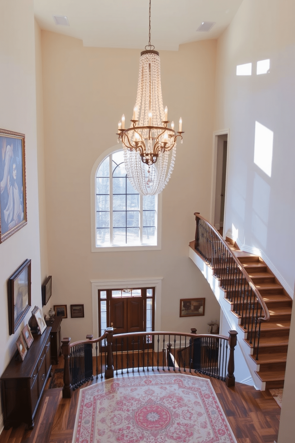 A stunning staircase landing features an elegant chandelier that cascades from a high ceiling, casting a warm glow over the space. The walls are adorned with tasteful artwork, and a plush area rug anchors the landing, inviting guests to pause and appreciate the design. The staircase itself is a masterpiece, showcasing a mix of wood and wrought iron elements that create a seamless flow from one level to the next. Natural light streams in through a large window, illuminating the landing and highlighting the intricate details of the chandelier above.