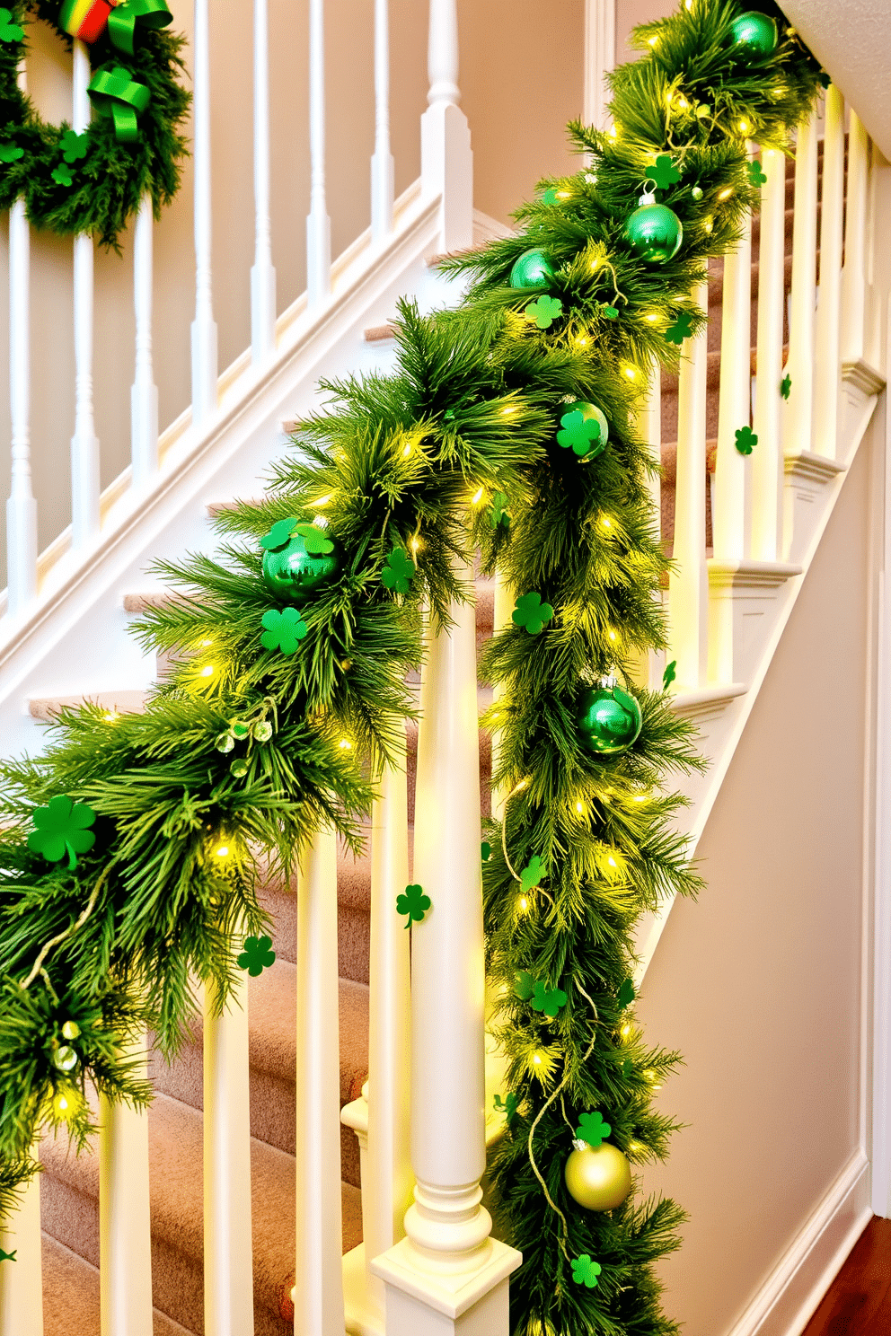 A festive staircase adorned with a lush green and gold garland, elegantly draping along the banister. The garland is accented with twinkling fairy lights and vibrant shamrock ornaments, creating a cheerful St. Patrick's Day atmosphere.