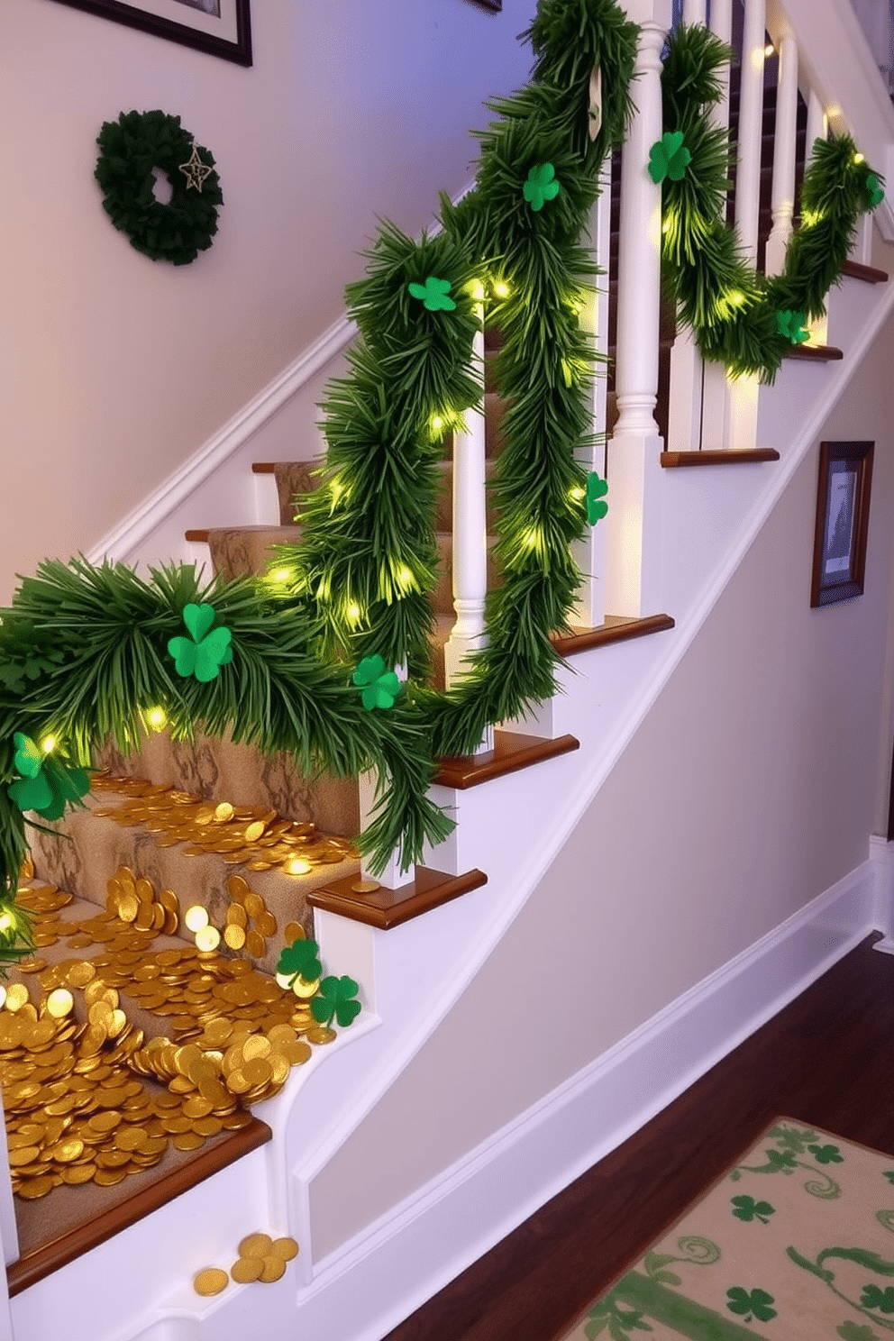 A festive staircase adorned for St. Patrick's Day, featuring a cascade of gold coins scattered along the steps. Lush green garlands entwine the banister, accented with shamrock decorations and twinkling fairy lights.