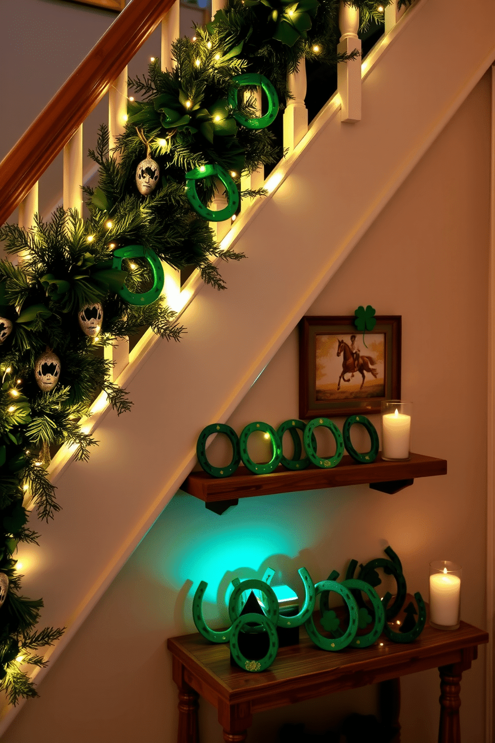 A charming staircase adorned with horseshoe decorations, each horseshoe painted in vibrant green and gold hues to celebrate St. Patrick's Day. The staircase railing is draped with lush greenery and twinkling fairy lights, creating a festive and inviting atmosphere. At the base of the staircase, a collection of decorative horseshoes is displayed on a rustic wooden shelf, each embellished with seasonal motifs. Soft, warm lighting highlights the decorations, casting a cozy glow that enhances the holiday spirit.