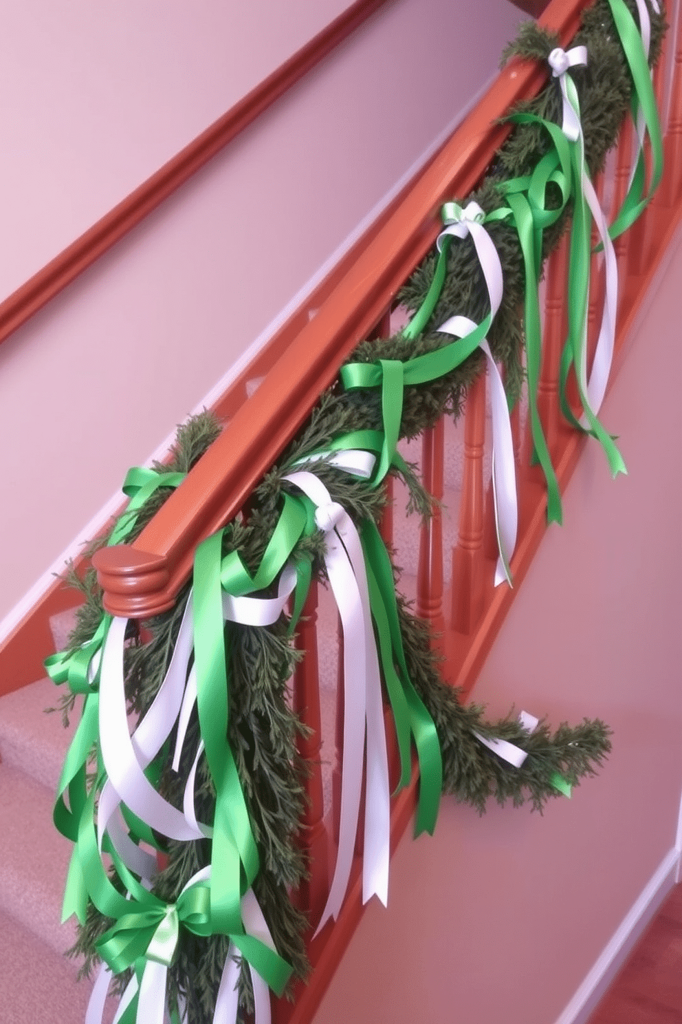 A festive staircase adorned with cascading green and white ribbons, creating a vibrant display that celebrates St. Patrick's Day. The ribbons are intertwined with fresh greenery, accentuating the natural beauty of the wooden banister and inviting guests to ascend into the holiday spirit.