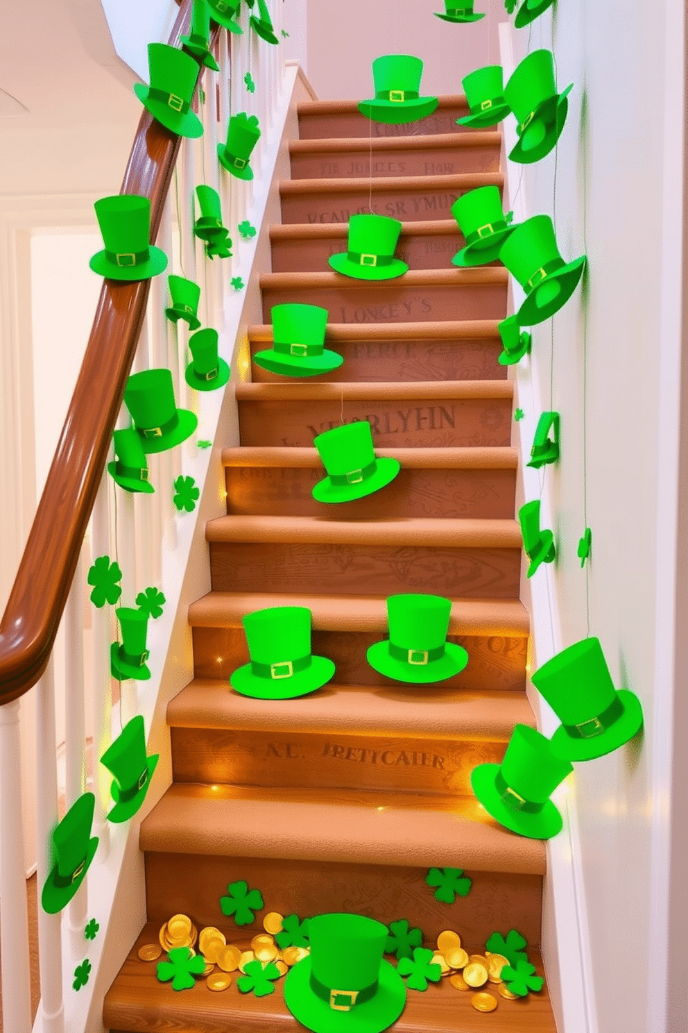 A whimsical staircase adorned with Leprechaun hat cutouts, each crafted from vibrant green cardstock, cascading down the steps. The hats are playfully hung at various heights, creating a festive atmosphere that captures the spirit of St. Patrick's Day. Beneath the staircase, a charming display of gold coins and shamrocks complements the hat cutouts, enhancing the holiday theme. Soft, warm lighting illuminates the decorations, adding a magical glow to the entire space.