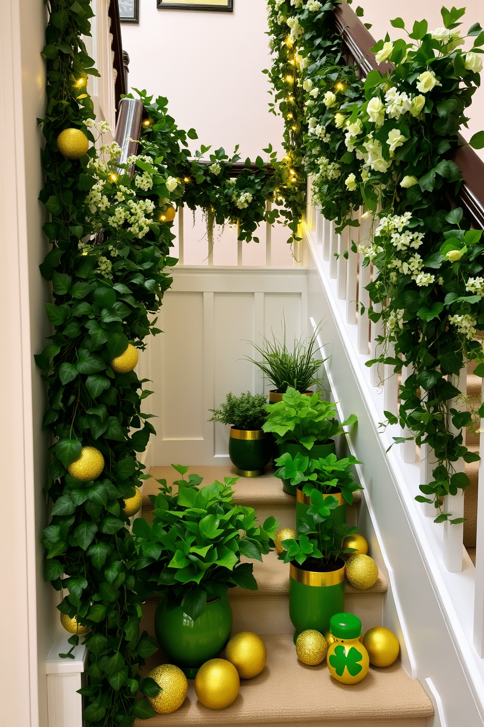 A vibrant staircase adorned with lush green floral arrangements, featuring cascading ivy and delicate white blooms. The staircase railing is elegantly wrapped in a garland of greenery, complemented by soft, twinkling fairy lights for a festive St. Patrick's Day touch. At the landing, a collection of decorative pots filled with various shades of green plants creates a welcoming atmosphere. Gold and green accents, such as shamrock-themed ornaments, are thoughtfully placed along the steps to enhance the holiday spirit.