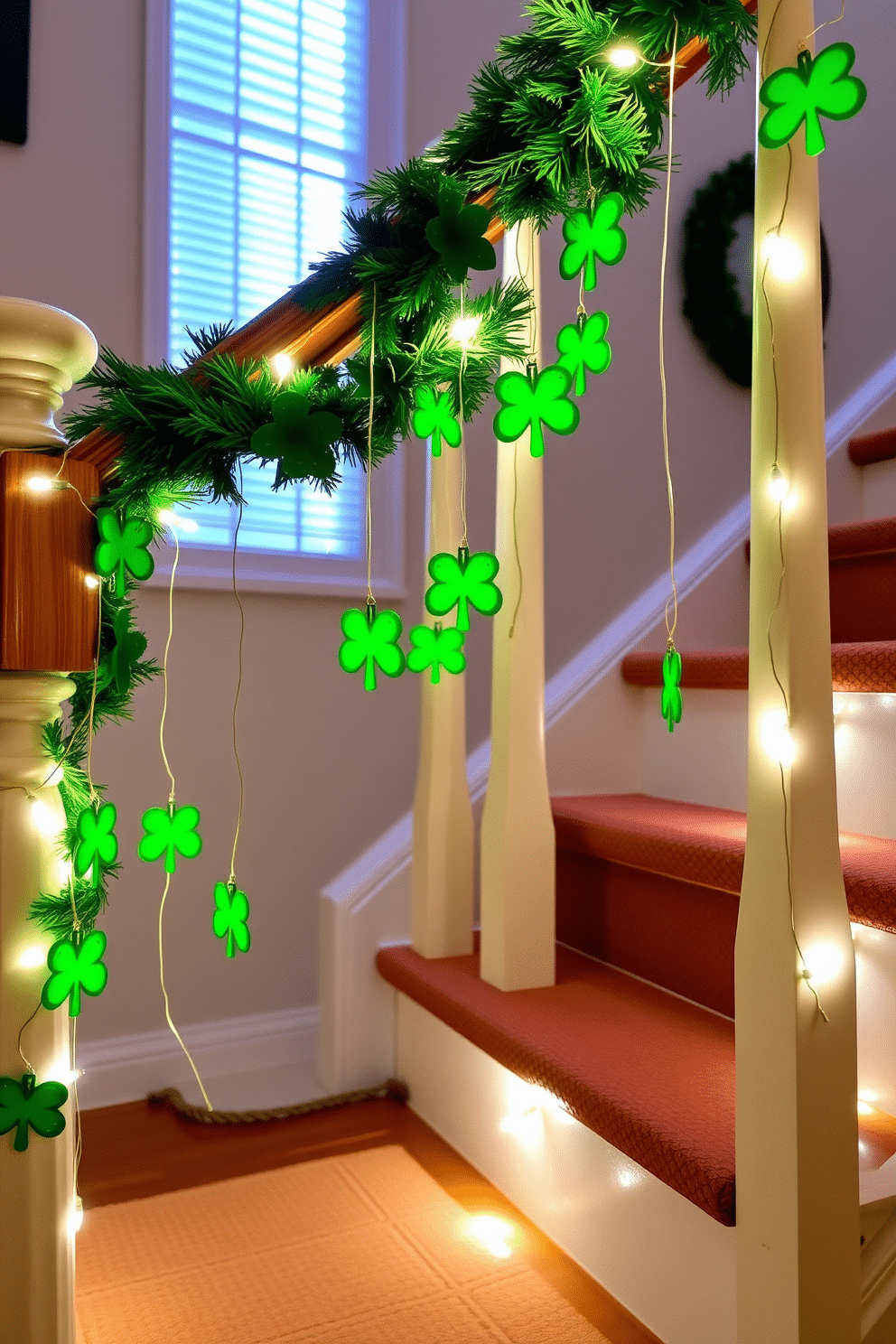 A charming staircase adorned with hanging shamrock ornaments creates a festive atmosphere for St. Patrick's Day. The vibrant green decorations dangle gracefully from the banister, complemented by soft white lights that illuminate the space.