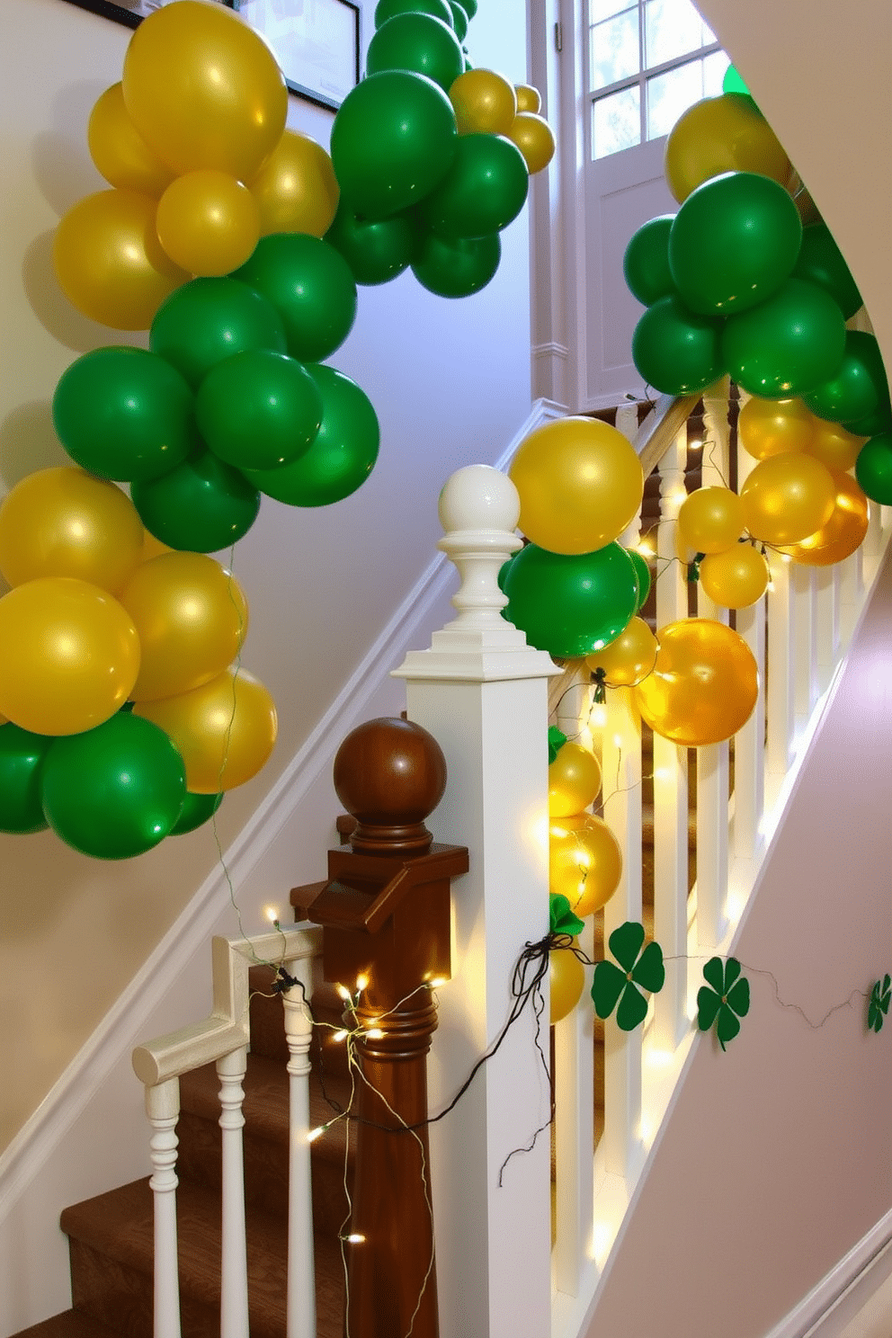 A festive staircase adorned with clusters of green and gold balloons, creating a vibrant atmosphere for St. Patrick's Day celebrations. The balloons are elegantly arranged along the banister, interspersed with twinkling fairy lights that add a warm glow to the scene.