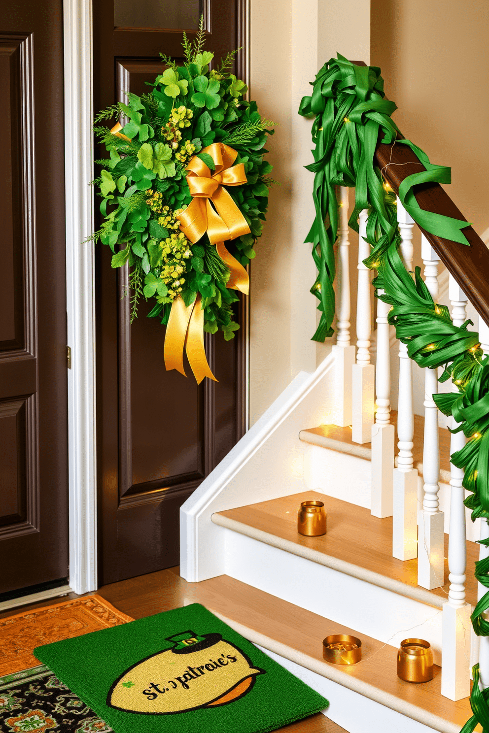 A vibrant St. Patrick's Day wreath adorned with lush green leaves, golden ribbons, and clusters of shamrocks hangs prominently on the front door. The wreath is complemented by a cheerful welcome mat featuring a festive leprechaun design. The staircase is elegantly decorated for St. Patrick's Day, with garlands of green fabric draped along the banister. Each step is accented with small pots of gold coins and twinkling fairy lights, creating a whimsical and inviting atmosphere.