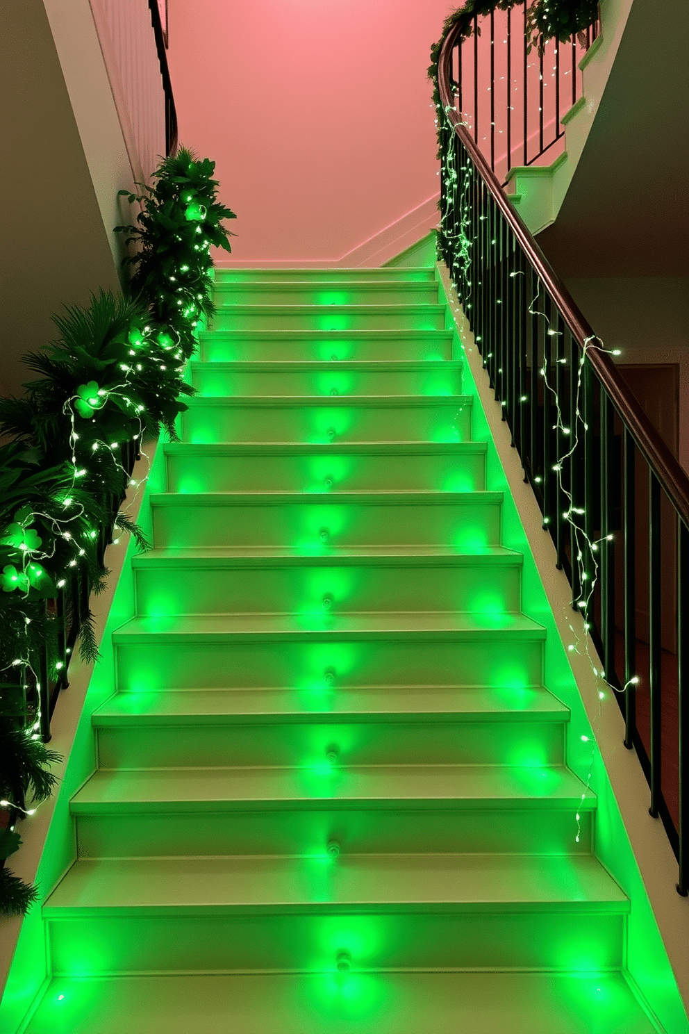 A modern staircase adorned with vibrant green LED lights, creating an inviting ambiance for St. Patrick's Day celebrations. The steps are decorated with lush greenery and festive shamrock accents, while the handrail is wrapped in twinkling fairy lights for an enchanting touch.