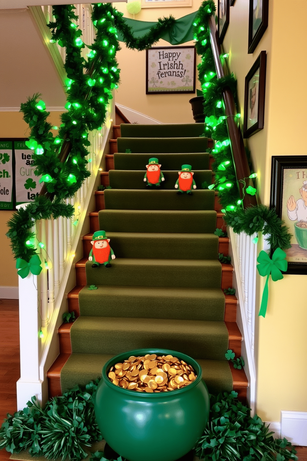 A whimsical staircase adorned with vibrant St. Patrick's Day decorations. Leprechaun figurines are strategically placed on each step, surrounded by garlands of green shamrocks and twinkling fairy lights. At the base of the staircase, a large pot of gold sits, overflowing with chocolate coins and surrounded by festive greenery. The walls are embellished with cheerful banners and framed artwork celebrating Irish culture, creating a festive atmosphere.