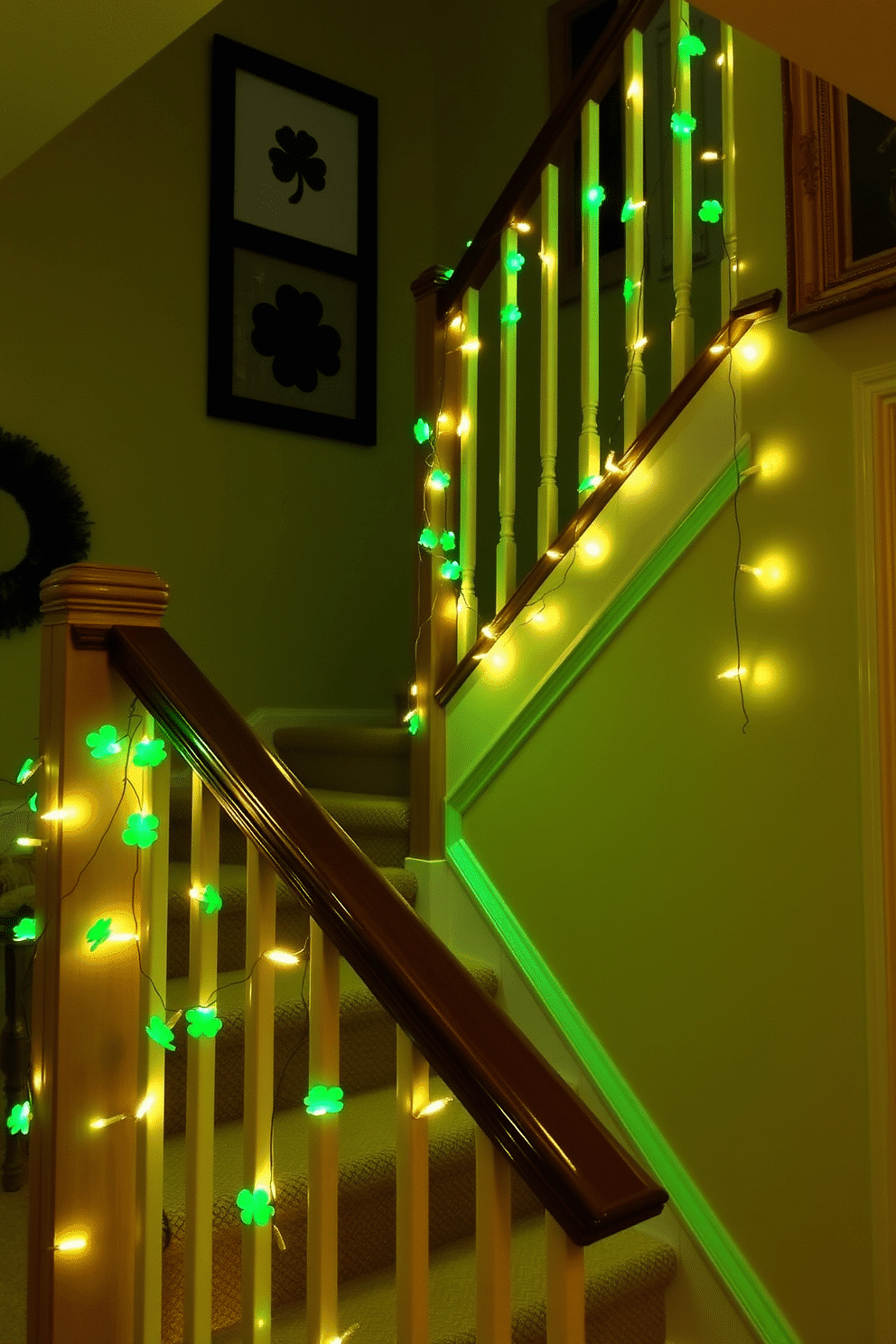 A charming staircase adorned with shamrock string lights, creating a festive atmosphere for St. Patrick's Day. The lights drape elegantly along the banister, casting a warm glow that enhances the green and gold decor throughout the space.