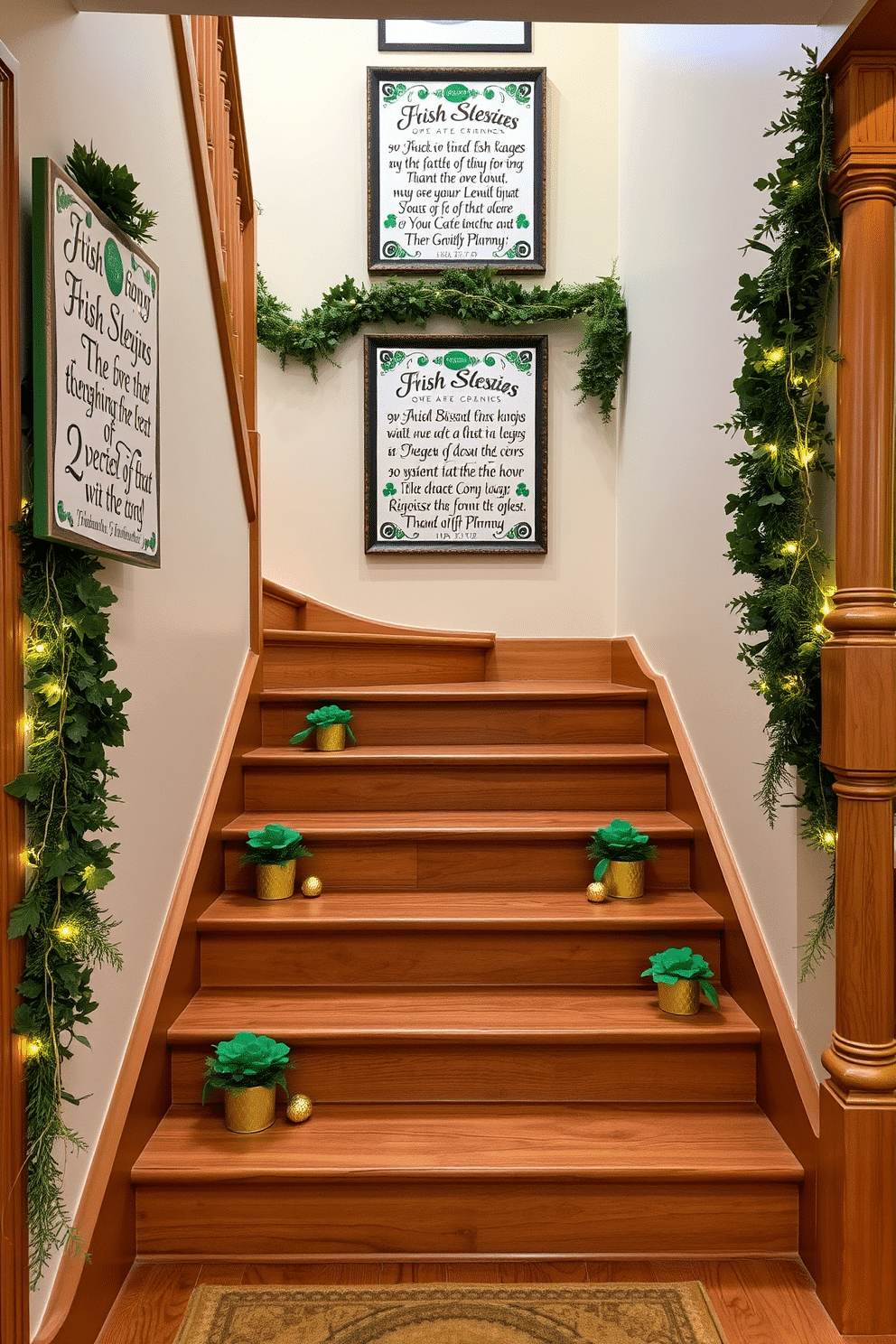 A charming entryway showcases a beautifully crafted wooden staircase adorned with Irish blessing signs. Each sign features intricate calligraphy and vibrant green accents, adding a festive touch for St. Patrick's Day. The staircase is decorated with lush garlands of greenery and twinkling fairy lights, creating a warm and inviting atmosphere. On each step, small pots of shamrocks and gold-wrapped chocolates are placed, enhancing the celebratory spirit of the occasion.