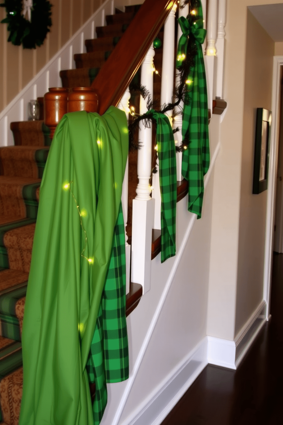 A cozy staircase adorned with green plaid fabric wraps, draping elegantly along the banister. The decor features subtle St. Patrick's Day accents, including small shamrock garlands and twinkling fairy lights for a festive touch.