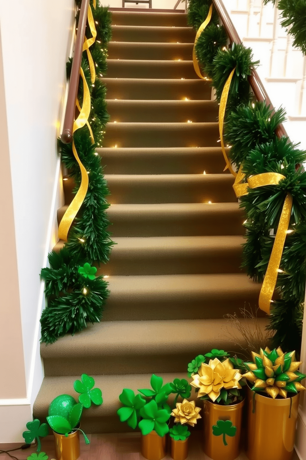 A stunning staircase adorned with gold glitter accents creates a festive focal point for St. Patrick's Day. The steps are lined with lush green garlands interspersed with twinkling fairy lights, while shimmering gold ribbons cascade elegantly down the banister. At the base of the staircase, a vibrant display of green and gold decorations welcomes guests. A collection of decorative shamrocks and gold-painted pots filled with seasonal flowers adds a touch of charm and celebration to the overall design.