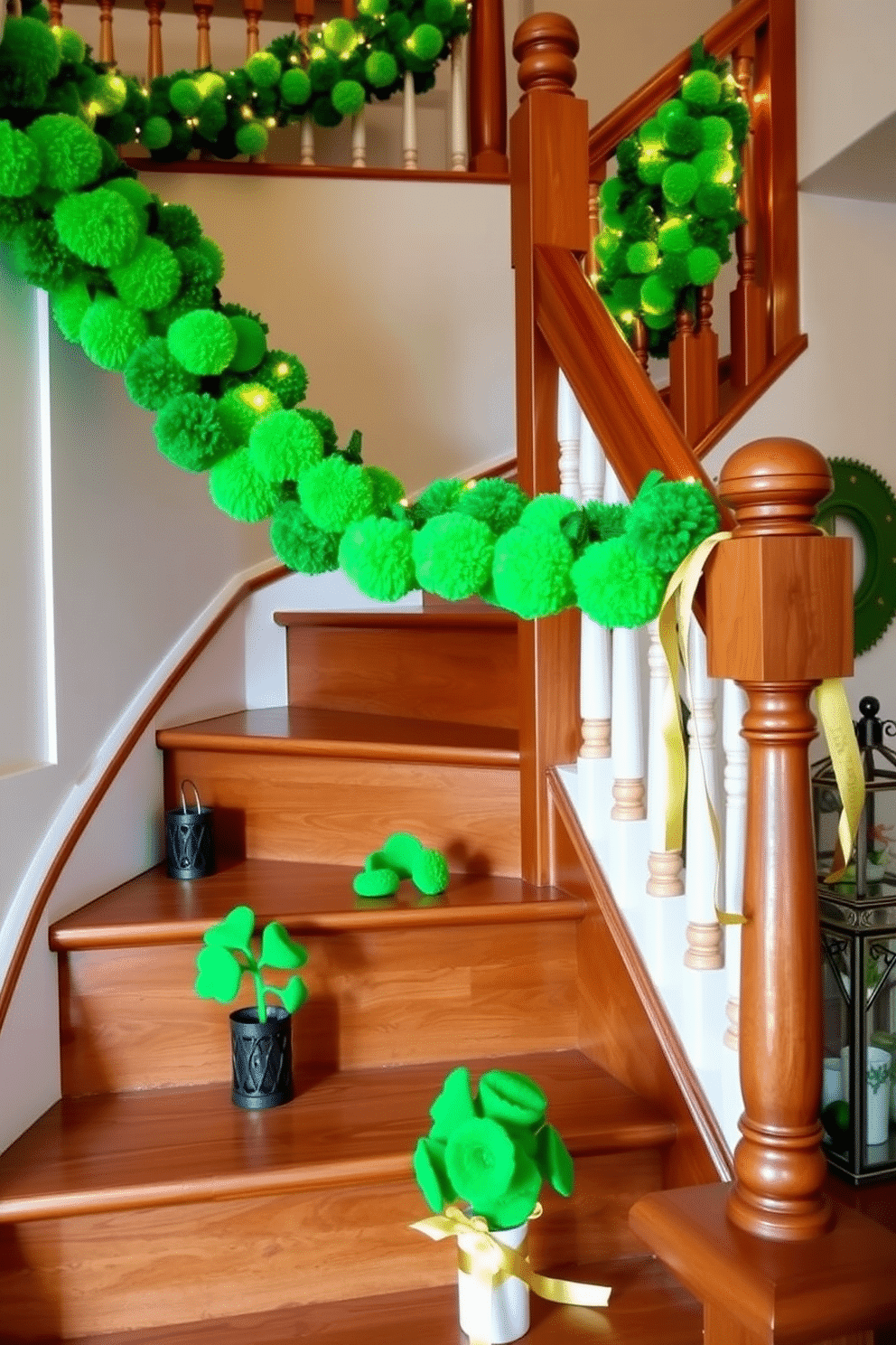 A vibrant green pom-pom garland drapes elegantly along the banister of a beautifully crafted wooden staircase. The garland is complemented by twinkling fairy lights, creating a festive ambiance perfect for St. Patrick's Day celebrations. Along the steps, small potted shamrocks are strategically placed, adding a touch of greenery and charm. Gold and white accents, such as ribbons and decorative lanterns, enhance the festive atmosphere, making the staircase a focal point of holiday decor.