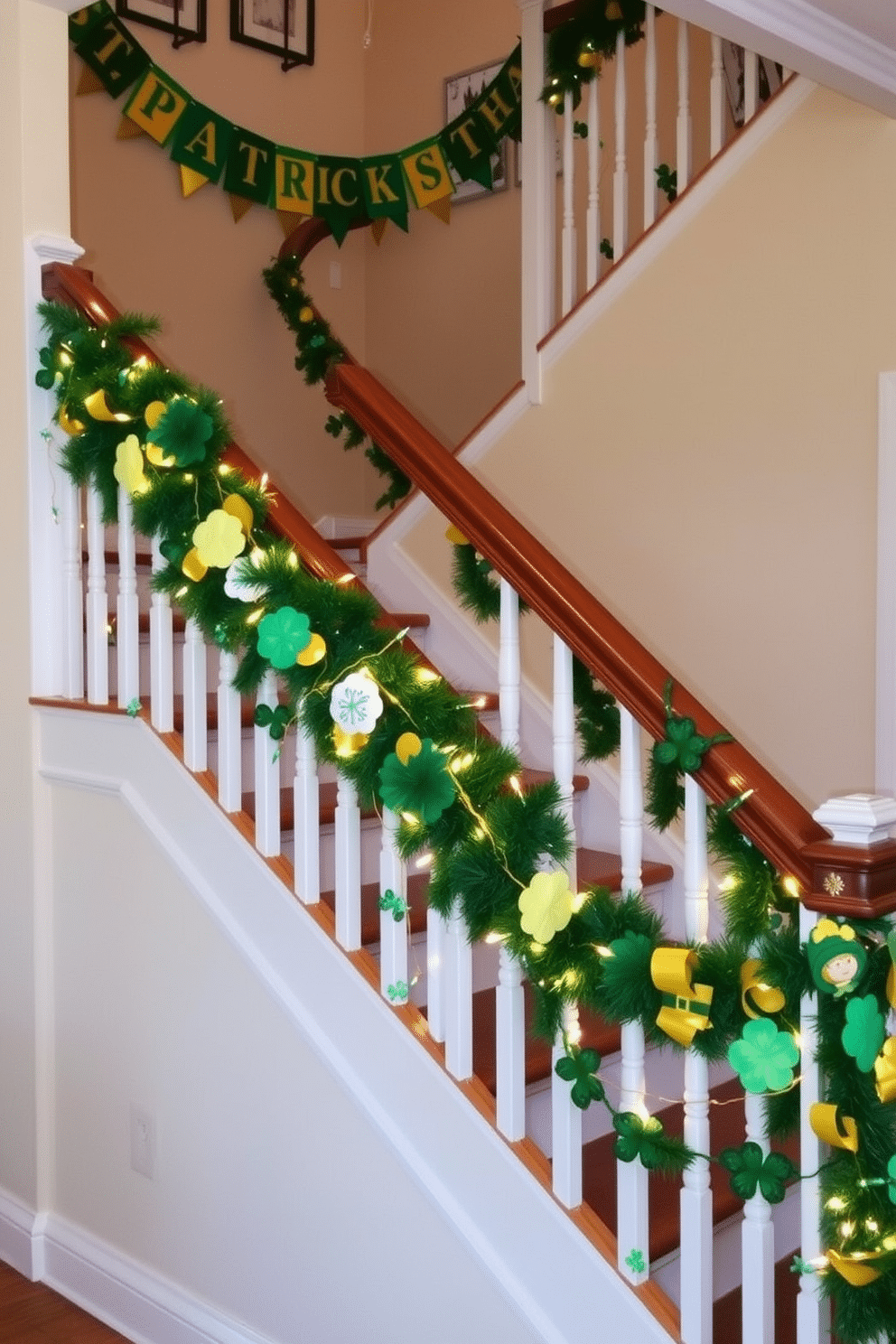 A festive staircase adorned with vibrant St. Patrick’s Day banners, featuring shades of green, gold, and white. The banners cascade down the staircase, creating a cheerful atmosphere that invites guests to celebrate the holiday. Decorative garlands made of shamrocks and leprechauns drape along the banister, adding playful elements to the design. Subtle twinkling lights interwoven with the decorations enhance the festive spirit, illuminating the space with a warm glow.