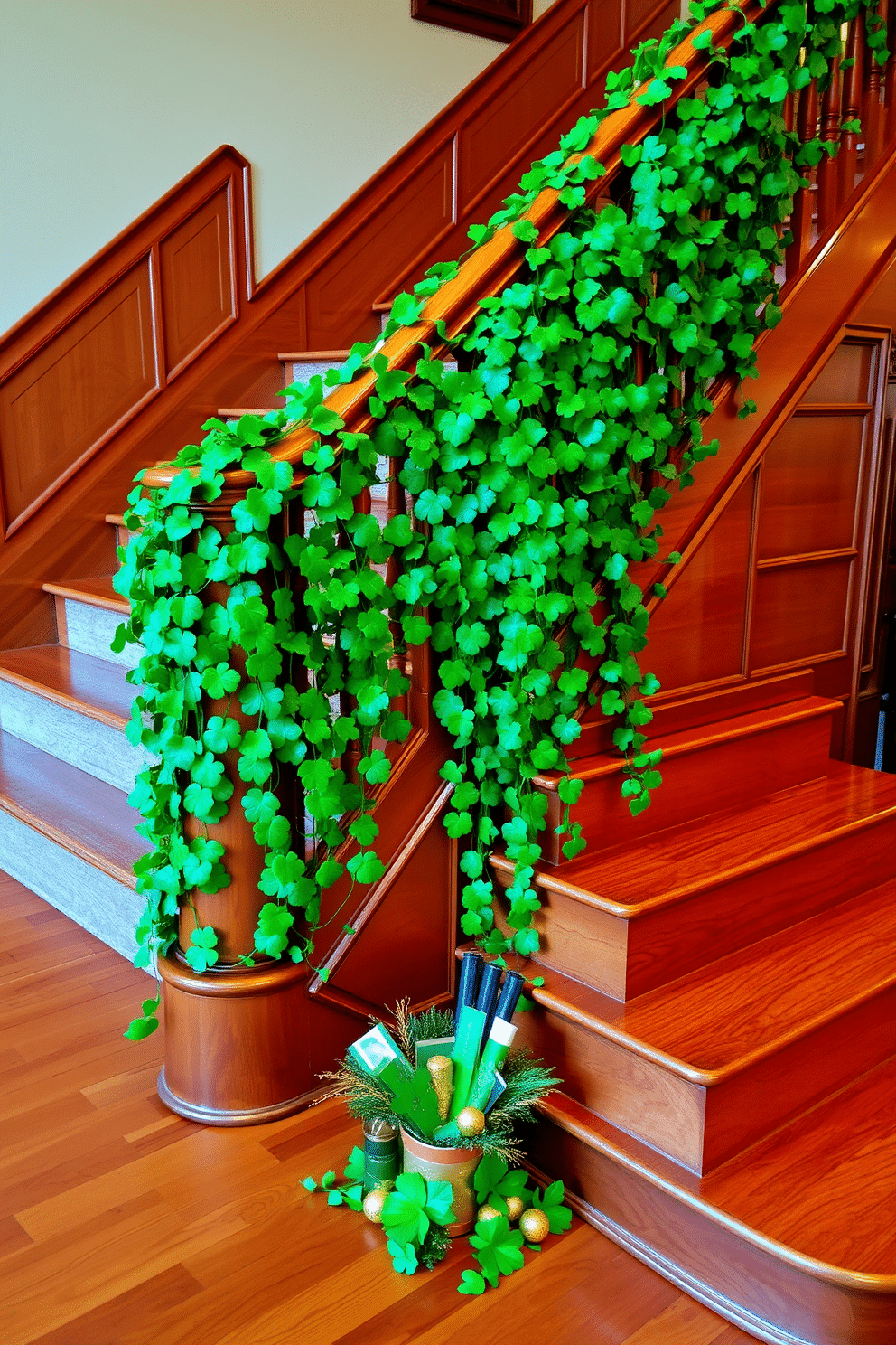 A grand staircase adorned with lush green ivy vines cascading down the banister, creating a vibrant contrast against the polished wood. The steps are decorated with tasteful St. Patrick's Day accents, including small pots of shamrocks and delicate gold accents interspersed along the railing. At the base of the staircase, a charming arrangement of festive decorations welcomes guests, featuring a mix of green and gold elements. Soft lighting highlights the ivy and decorations, creating a warm and inviting atmosphere perfect for celebrating the holiday.