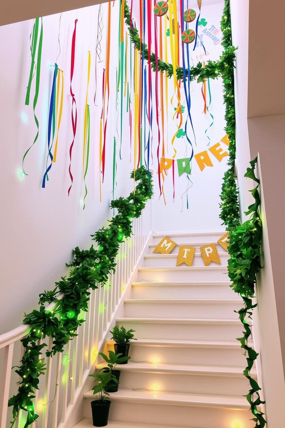 A vibrant staircase adorned with hanging rainbow decorations, featuring colorful streamers cascading from the banister. The walls are painted in a soft white, providing a bright backdrop for the festive colors, while small potted plants add a touch of greenery along the steps. For St. Patrick's Day, the staircase is decorated with lush green garlands intertwined with twinkling fairy lights. Gold accents, such as shamrock-shaped ornaments and glittering banners, create a cheerful atmosphere that celebrates the holiday spirit.