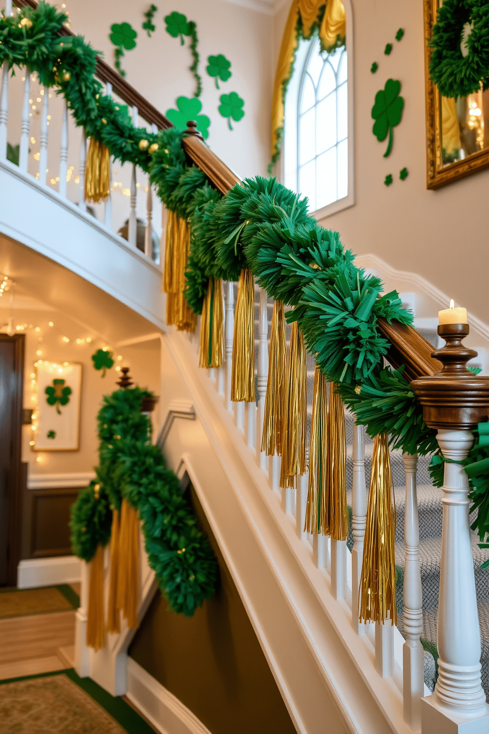 A grand staircase adorned with lush green and gold tassels draping elegantly from the banister. The walls are decorated with festive St. Patrick's Day accents, featuring shamrock motifs and twinkling fairy lights that create a warm, inviting atmosphere.