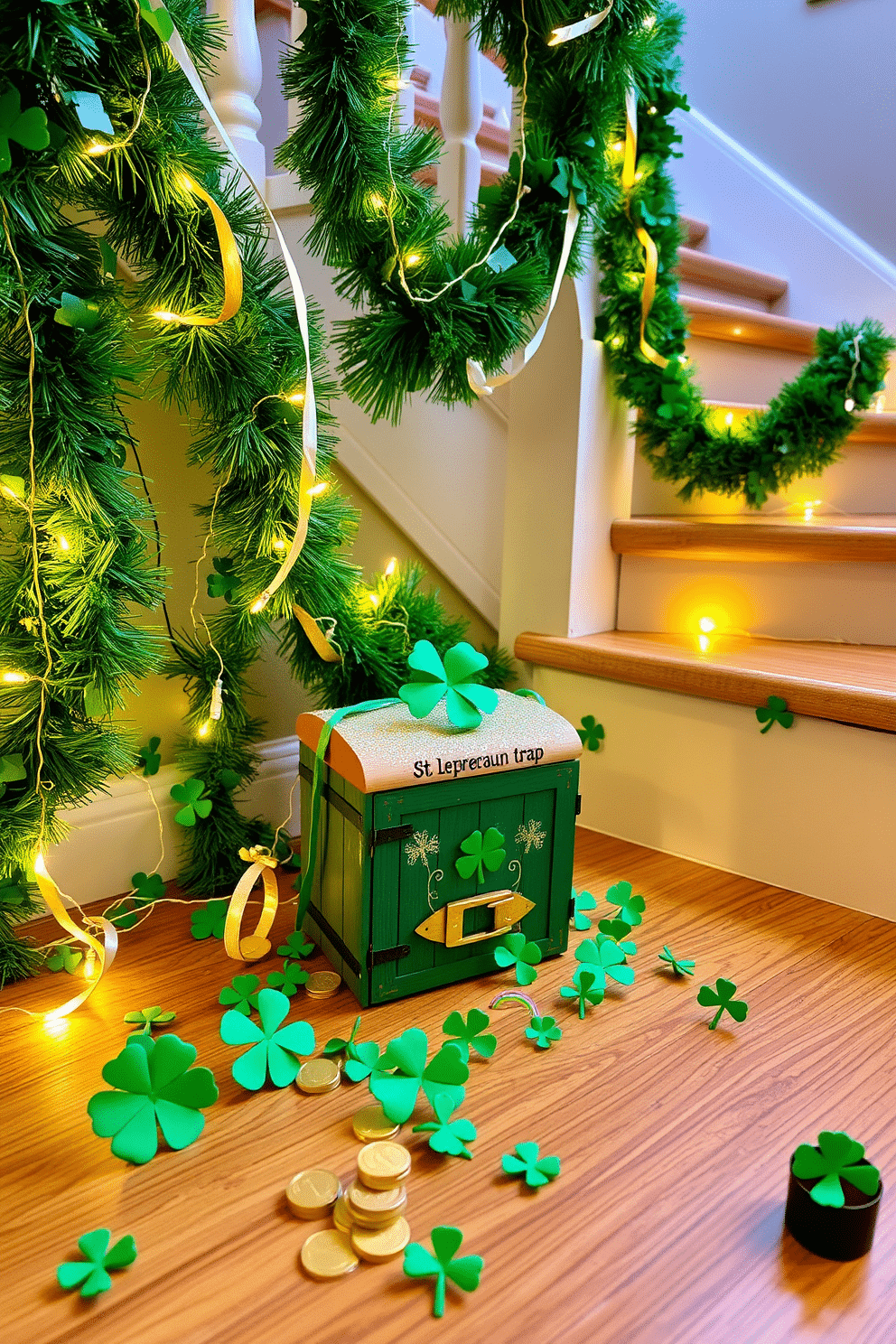 A whimsical leprechaun trap setup featuring a small, colorful wooden box adorned with shamrocks and glitter. Surrounding the trap are scattered gold coins and tiny rainbow decorations, creating a festive atmosphere. A charming staircase decorated for St. Patrick's Day, draped with green garlands and twinkling fairy lights. Accents of gold and white ribbon are intertwined with the greenery, while small potted shamrock plants line the steps for a cheerful touch.