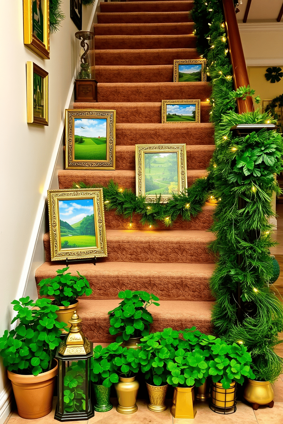 A charming staircase adorned with Irish-themed photo frames, showcasing vibrant images of rolling green hills and traditional Irish landscapes. The frames are intricately designed, featuring Celtic knots and shamrock motifs, adding a festive touch to the St. Patrick's Day decor. The staircase is draped with lush green garlands, interspersed with twinkling fairy lights and gold accents. At the base, a welcoming display of potted shamrocks and lanterns creates an inviting atmosphere for celebrating the holiday.