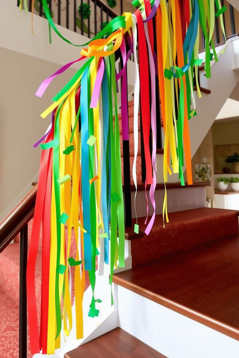 A vibrant staircase adorned with colorful rainbow paper streamers cascading from the railing. The streamers flutter gently, creating a festive atmosphere perfect for St. Patrick's Day celebrations, complemented by green and gold accents throughout the space.