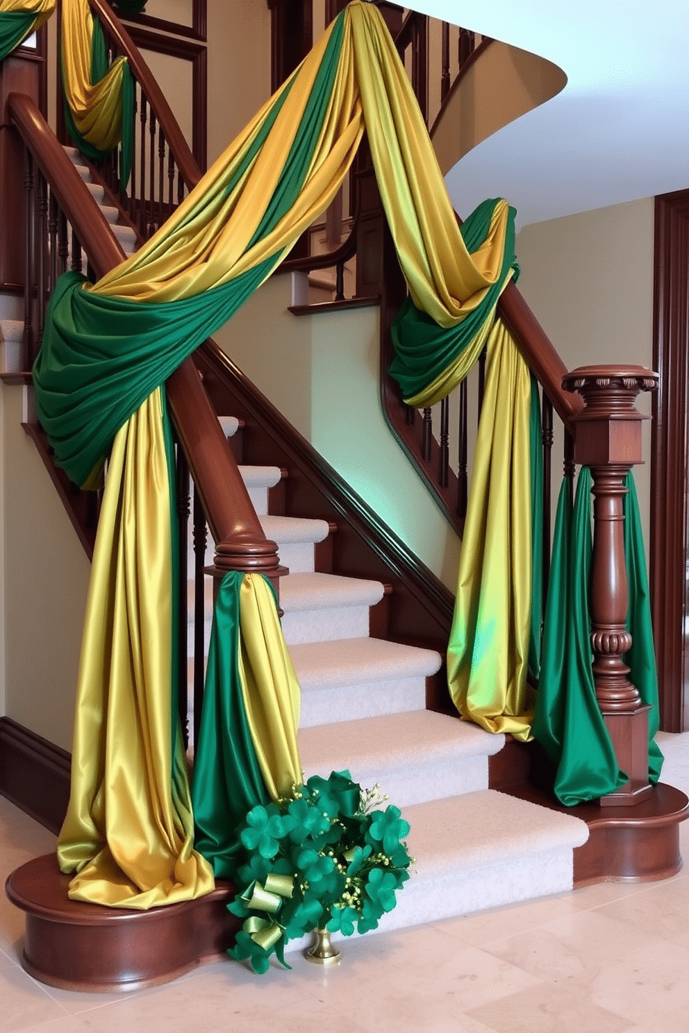 A luxurious staircase adorned with rich green and gold fabric drapes cascading elegantly from the banister. The vibrant hues of the fabric complement the intricate woodwork of the staircase, creating a festive yet sophisticated atmosphere for St. Patrick's Day. At the base of the staircase, a tasteful arrangement of shamrocks and gold accents enhances the celebratory theme. Soft lighting illuminates the drapes, casting a warm glow that invites guests to ascend and enjoy the festive decor.