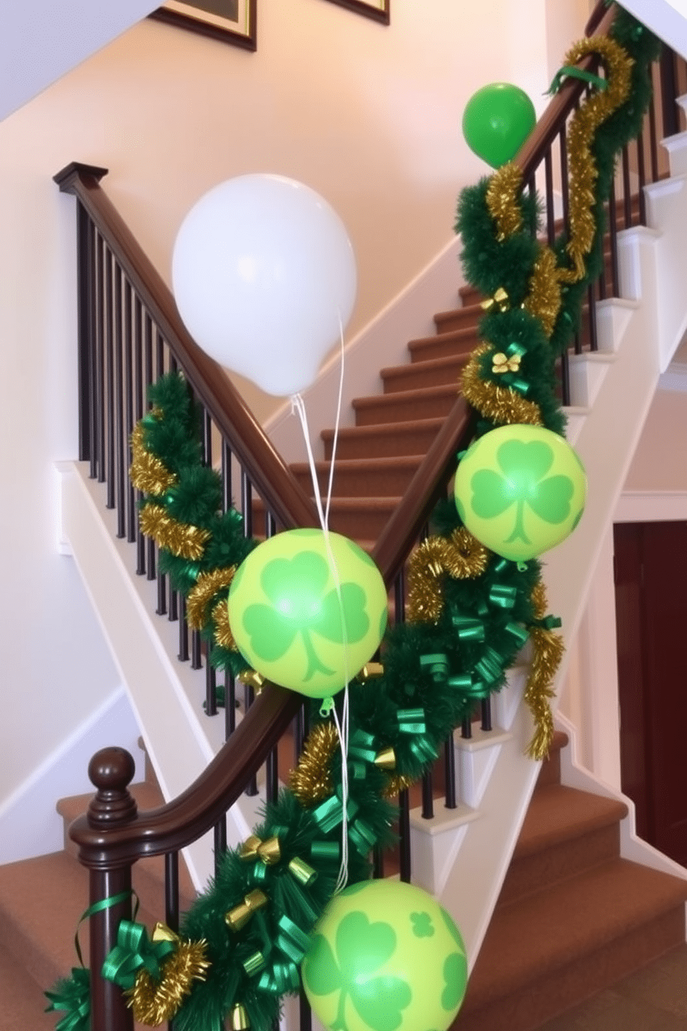 A festive staircase adorned with balloons featuring vibrant shamrock patterns, creating a cheerful atmosphere for St. Patrick's Day celebrations. The balloons are strategically placed along the staircase railing, complemented by green and gold garlands that enhance the holiday spirit.