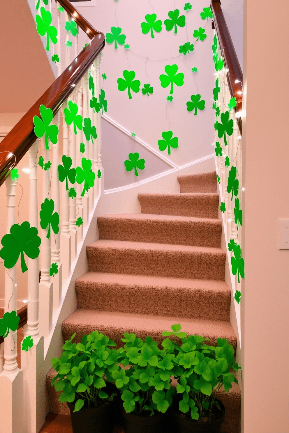 A whimsical staircase adorned with clover leaf cutouts, celebrating St. Patrick's Day. The cutouts are crafted from vibrant green paper, delicately hanging from the banister, creating a festive atmosphere. The staircase is complemented by soft white lights that illuminate the clover decorations. At the base, a charming display of potted shamrocks adds a touch of nature to the festive decor.