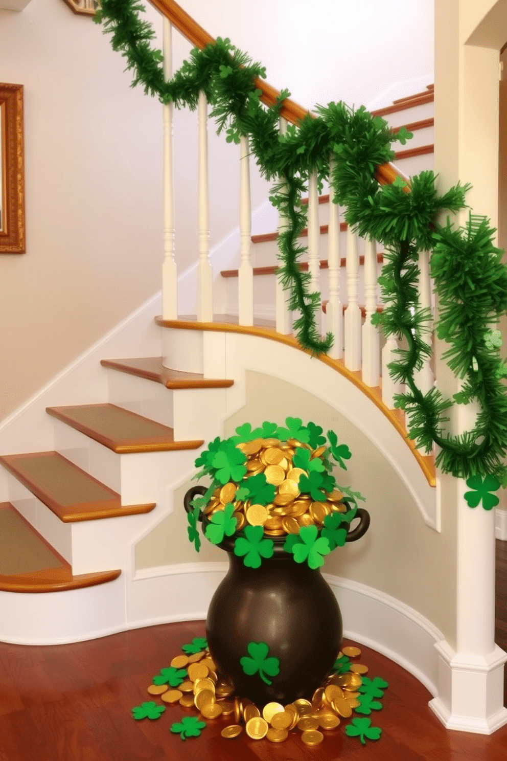 A whimsical staircase adorned for St. Patrick's Day, featuring a lush green garland winding gracefully along the banister. At the bottom of the staircase, a large pot of gold sits atop a decorative pedestal, surrounded by shimmering gold coins and vibrant shamrocks.