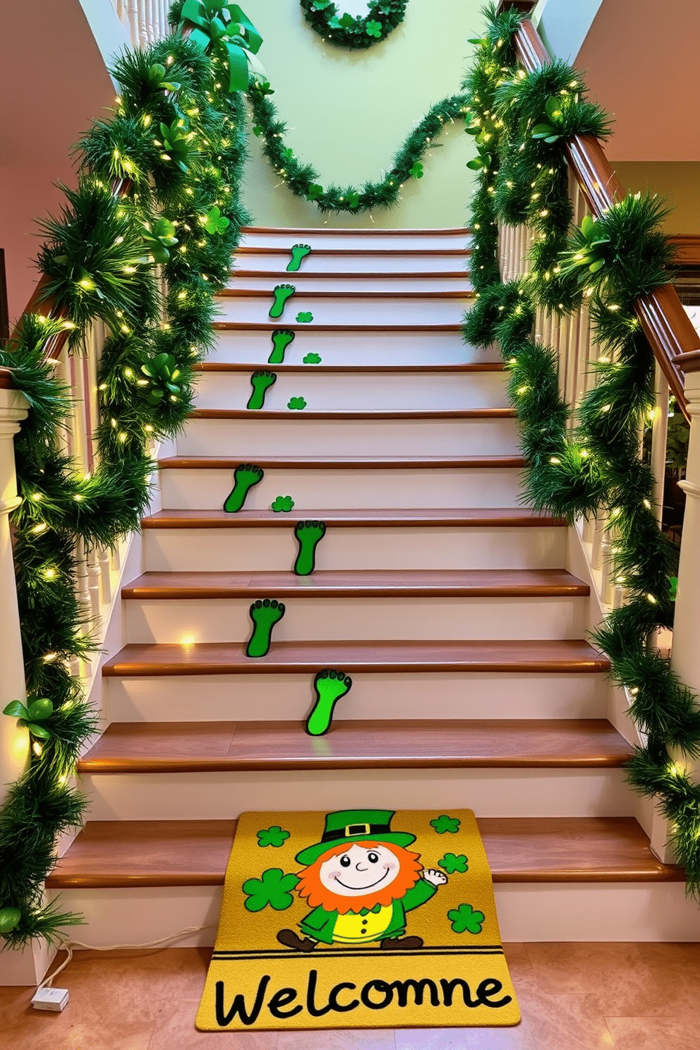 A whimsical staircase adorned with festive St. Patrick's Day decorations. Leprechaun footprints lead up the steps, playfully guiding guests through a display of green garlands and shamrock accents. The staircase railing is draped with twinkling fairy lights, adding a magical touch to the festive atmosphere. At the base, a vibrant welcome mat features a cheerful leprechaun, inviting everyone to join in the celebration.