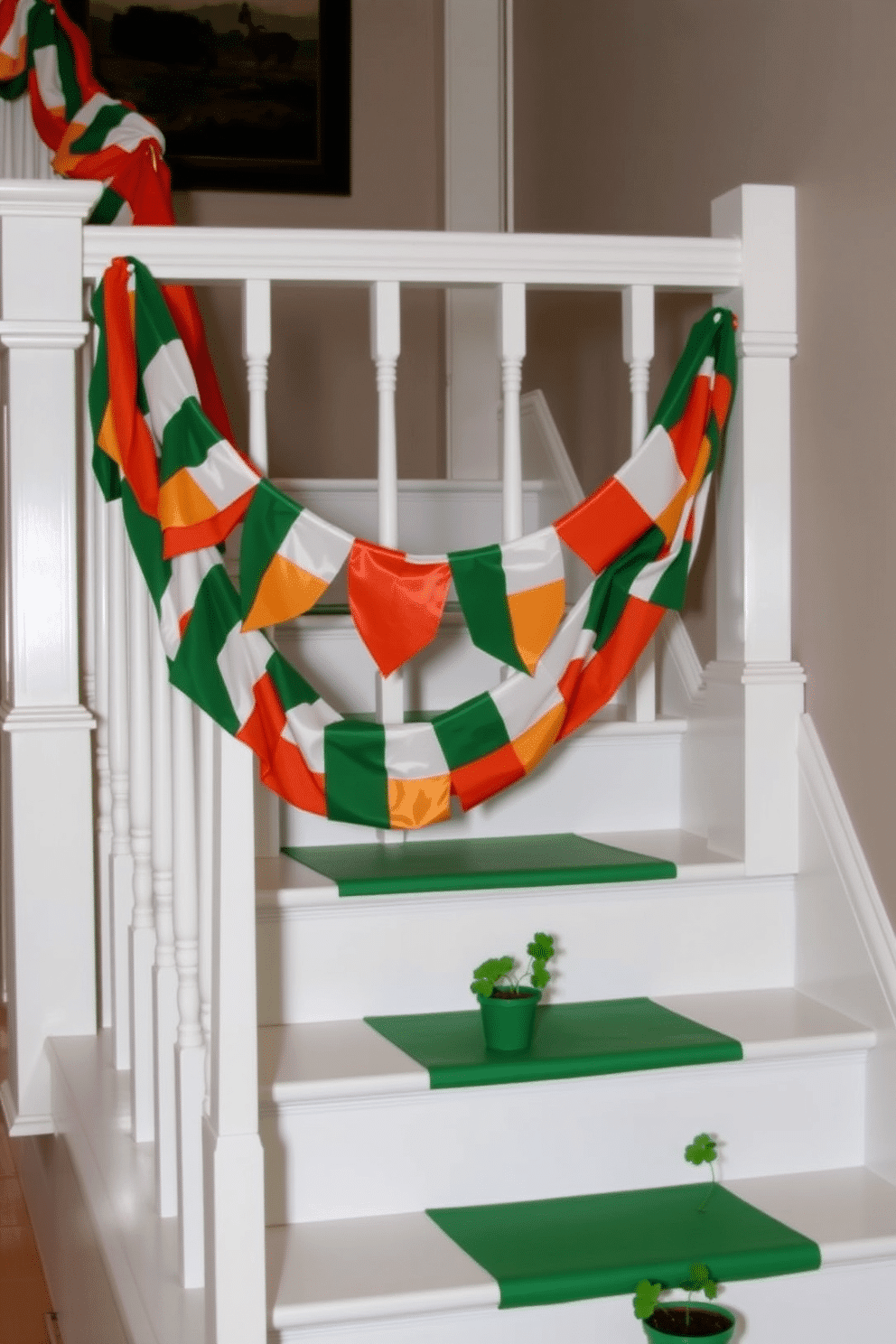 A festive staircase adorned with Irish flag bunting creates a vibrant atmosphere for St. Patrick's Day celebrations. The bunting, made of rich green, white, and orange fabric, drapes elegantly along the banister, complemented by small potted shamrocks placed on each step.