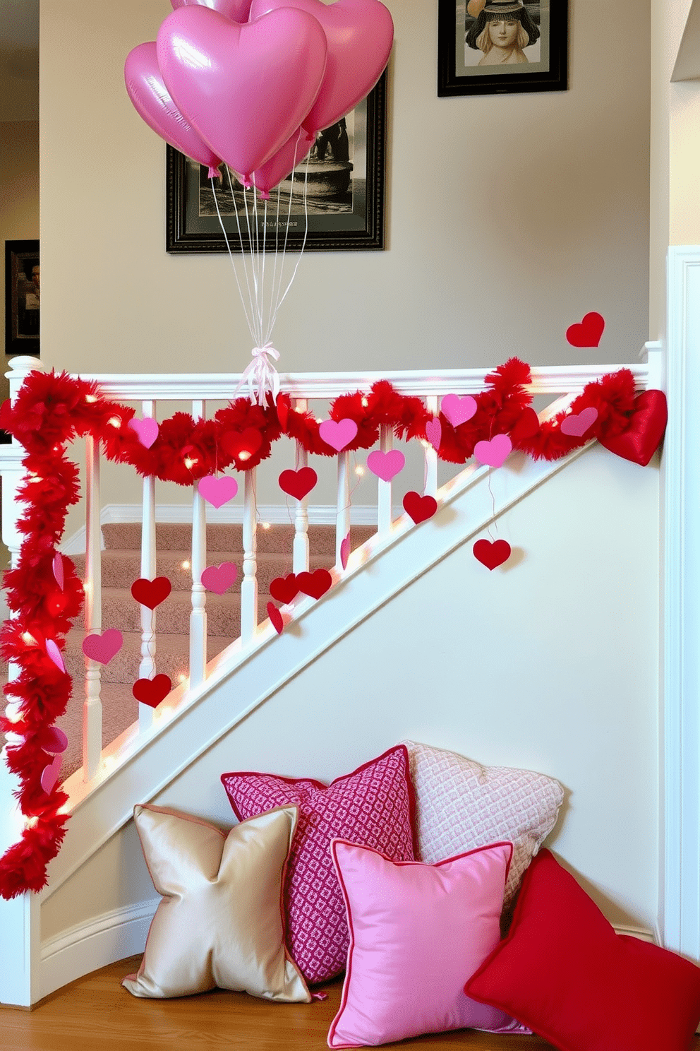 A charming staircase adorned with red and pink heart garlands creates a festive Valentine's Day atmosphere. The garlands drape elegantly along the banister, interspersed with twinkling fairy lights for an enchanting glow. At the base of the staircase, a collection of decorative pillows in various shades of red and pink invites guests to relax. Heart-shaped balloons float above, adding a whimsical touch to the romantic decor.