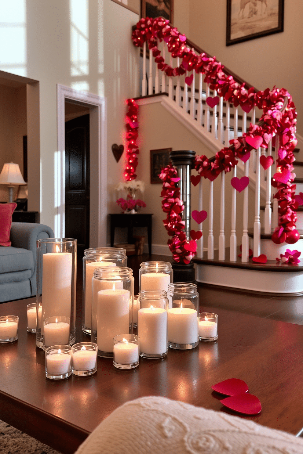 A cozy living room ambiance is created with an array of candles in elegant glass jars, flickering softly on a wooden coffee table. The warm glow of the candles casts gentle shadows on the walls, enhancing the intimate atmosphere of the space. A beautifully designed staircase is adorned with festive Valentine's Day decorations, featuring heart-shaped garlands draped along the railing. Soft, romantic lighting highlights the vibrant colors of red and pink, creating a welcoming and cheerful entryway.