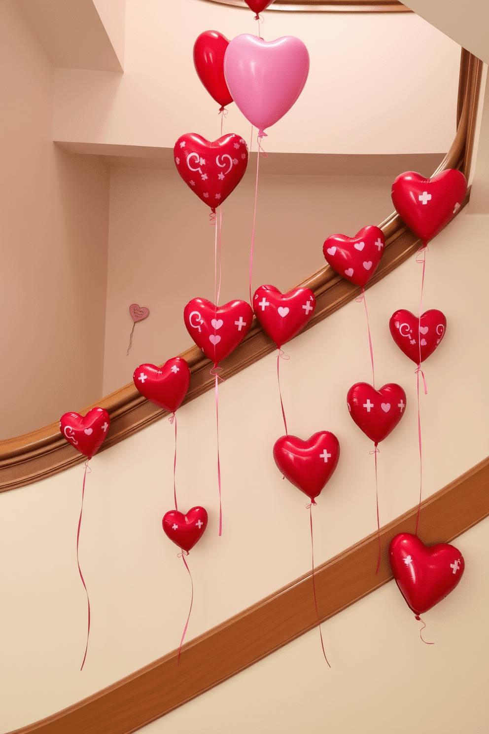 A whimsical staircase adorned with heart-shaped balloons tied at various points along the railing. The balloons are in shades of red and pink, creating a festive atmosphere that celebrates Valentine's Day.