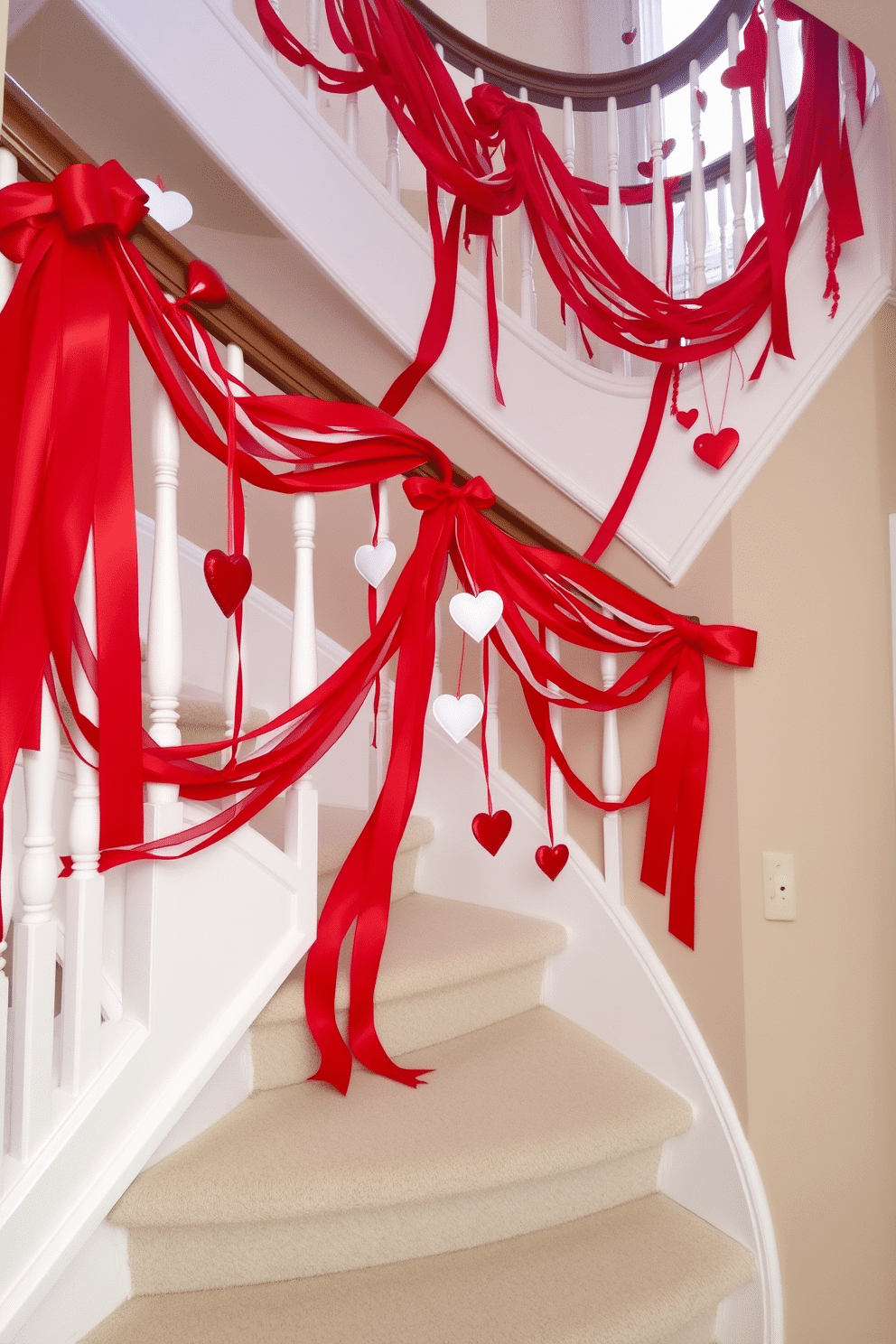 A stunning staircase adorned with cascading red and white ribbons, elegantly twisting around the banister. Heart-shaped decorations dangle from the ribbons, creating a festive and romantic atmosphere for Valentine's Day.