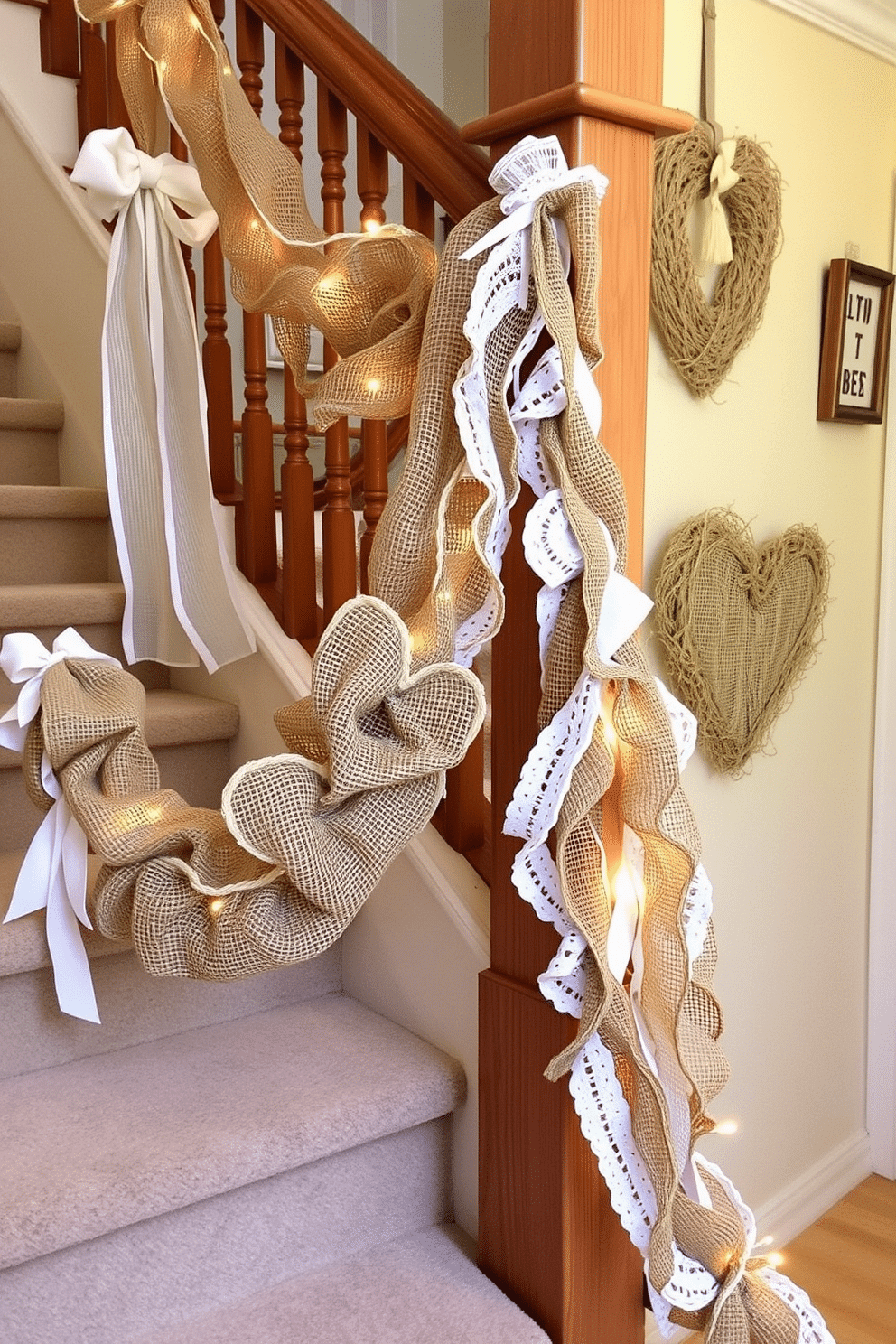 A charming staircase adorned with lace and burlap decorations. Delicate lace bows are tied around the wooden banister, while rustic burlap garlands drape elegantly along the steps. For Valentine's Day, the staircase is embellished with heart-shaped burlap wreaths and soft white lace accents. Twinkling fairy lights are woven through the decor, creating a warm and inviting atmosphere.