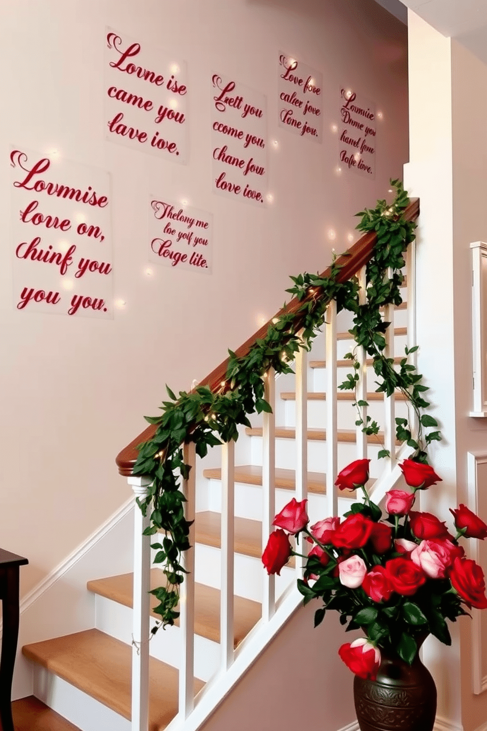 Hanging love quotes in elegant script adorn the walls along a beautifully designed staircase. Soft, ambient lighting highlights the quotes, creating a romantic atmosphere perfect for Valentine's Day. The staircase is decorated with lush greenery and delicate fairy lights intertwined along the railing. At the base, a charming display of red and pink roses in a vintage vase welcomes guests with a touch of love.