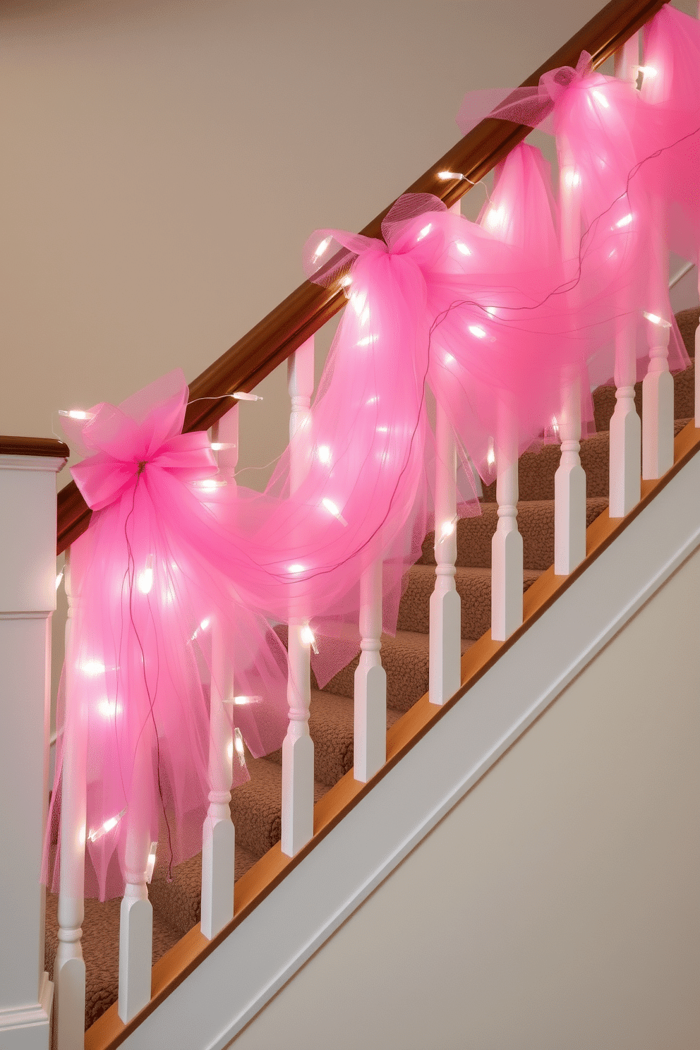 A whimsical staircase adorned with soft pink tulle draped elegantly along the banister, creating a romantic atmosphere for Valentine's Day. Delicate fairy lights are intertwined with the tulle, casting a warm glow and enhancing the festive spirit of the decor.