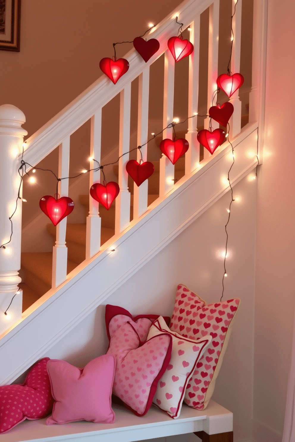 A charming staircase adorned with mini heart-shaped lanterns creates a whimsical Valentine's Day atmosphere. The lanterns, in shades of red and pink, are strung along the railing, casting a warm, inviting glow. At the base of the staircase, a collection of decorative pillows in heart patterns is arranged on a cozy bench. Soft fairy lights intertwine with the lanterns, enhancing the romantic ambiance of the space.