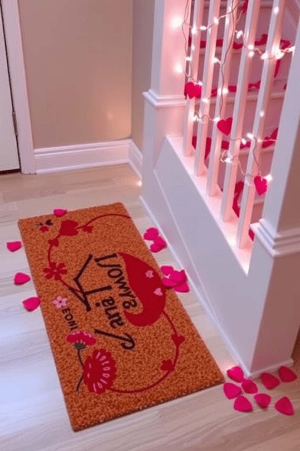 A Valentine's Day themed doormat welcomes guests with a charming heart design in shades of red and pink. The mat features a playful message, such as 