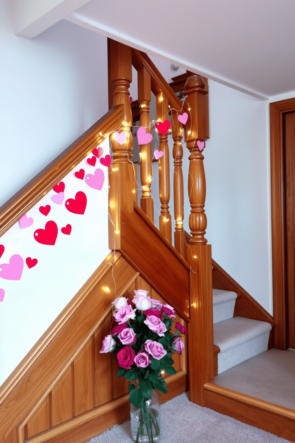 A charming staircase adorned with heart stickers along the banister creates a festive atmosphere for Valentine's Day. The stickers feature various sizes and shades of red and pink, complementing the elegant wood finish of the staircase. Soft, twinkling fairy lights are intertwined with the heart stickers, adding a warm glow to the space. At the base of the stairs, a decorative arrangement of roses in a vase enhances the romantic theme.