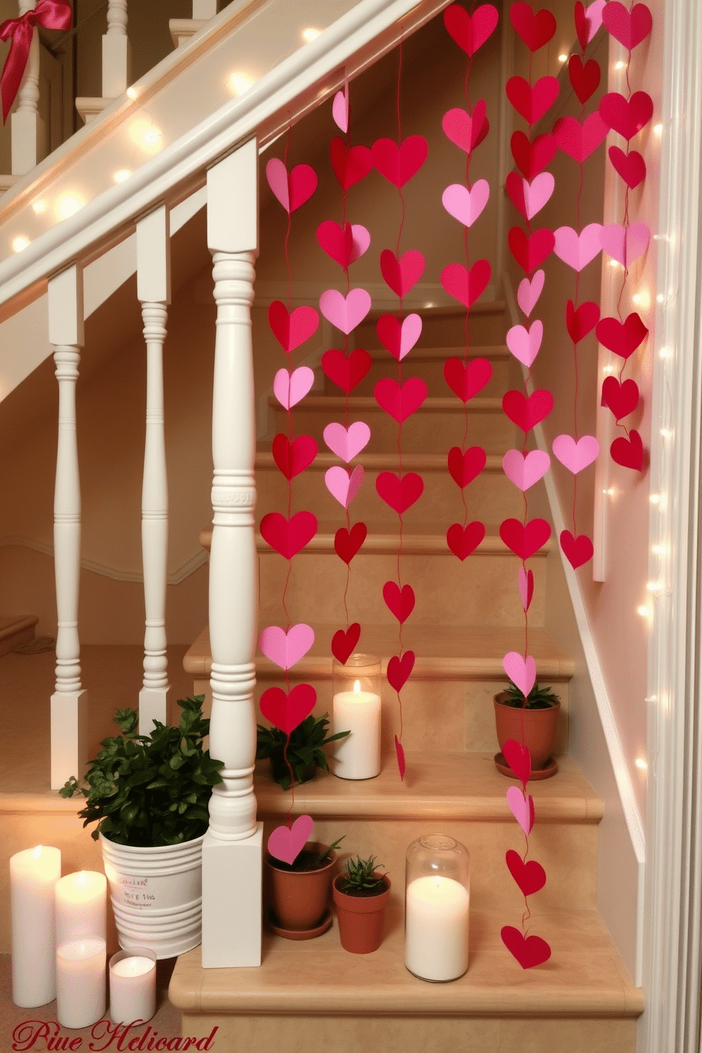 A whimsical Valentine's Day staircase adorned with colorful paper heart chains cascading down the banister. The hearts are crafted from various shades of pink and red paper, creating a playful and festive atmosphere that welcomes guests. At the base of the staircase, a collection of potted plants and candles adds warmth and charm. Soft fairy lights twinkle along the railing, enhancing the romantic ambiance of the space.