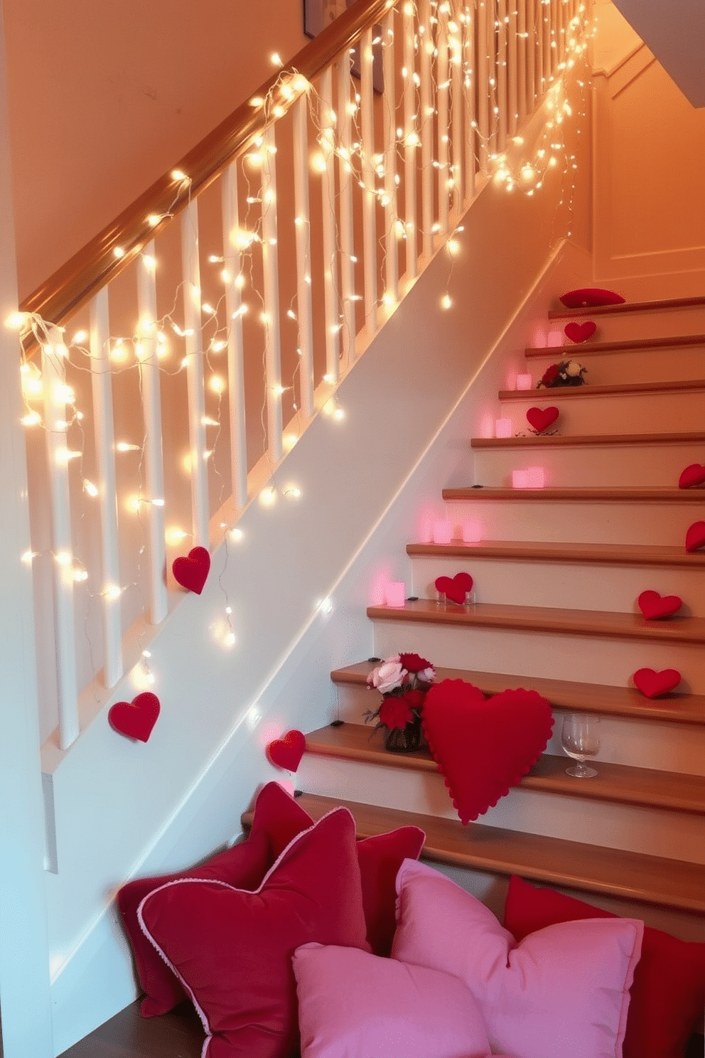 A romantic staircase adorned with delicate fairy lights drapes gracefully along the banister, creating a warm and inviting ambiance. Soft, twinkling lights illuminate the space, enhancing the elegance of the wooden steps and adding a magical touch for Valentine's Day celebrations. At the base of the staircase, a collection of plush pillows in shades of red and pink are arranged, inviting guests to sit and enjoy the festive atmosphere. Heart-shaped decorations and fresh flowers are strategically placed along the steps, adding a charming and whimsical flair to the overall design.