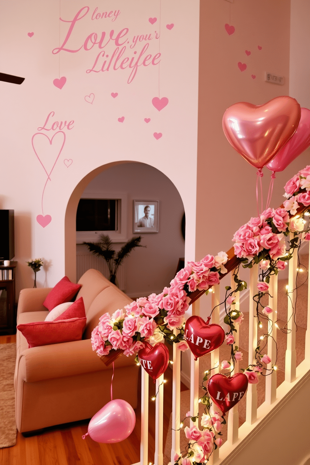 A cozy living room adorned with love-themed wall decals. The decals feature elegant script and heart motifs in soft pastels, creating a warm and inviting atmosphere. The staircase is beautifully decorated for Valentine's Day, draped with garlands of faux flowers and twinkling fairy lights. Heart-shaped balloons float gently along the bannister, adding a festive touch to the space.