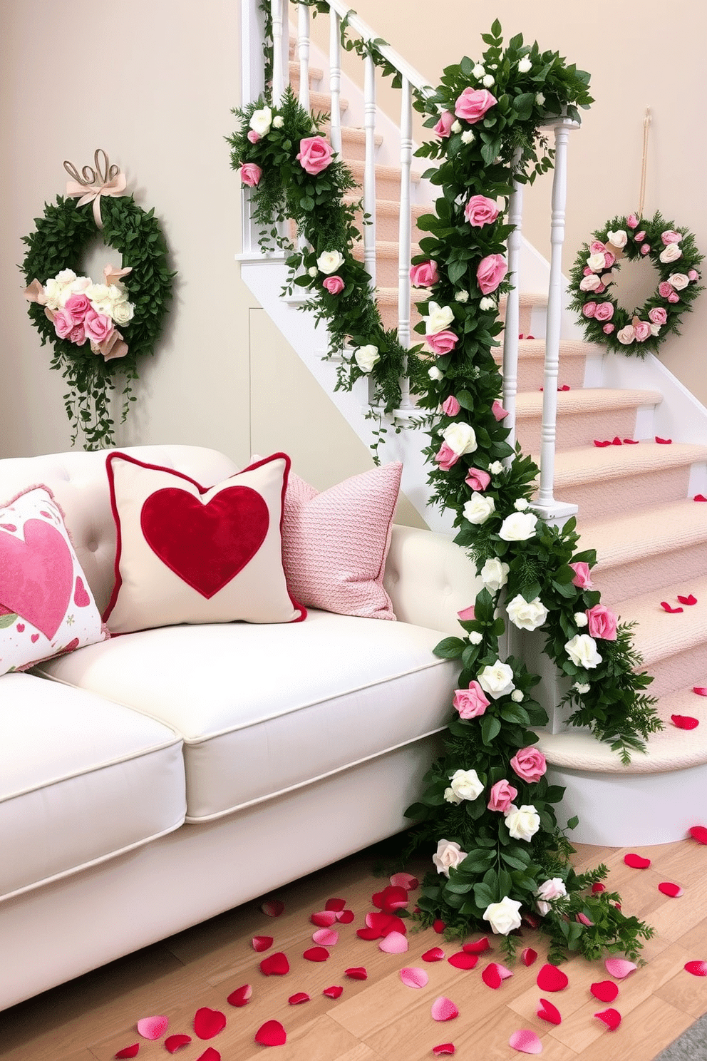 Valentine's Day themed pillows adorned with playful heart patterns in shades of red and pink are artfully arranged on a plush white sofa. Each pillow features unique textures, such as velvet and knit, creating a cozy and inviting atmosphere. A beautifully decorated staircase is adorned with cascading garlands of faux greenery intertwined with soft pink and white flowers. Heart-shaped wreaths hang on the banister, and scattered rose petals lead up the steps, enhancing the romantic ambiance.