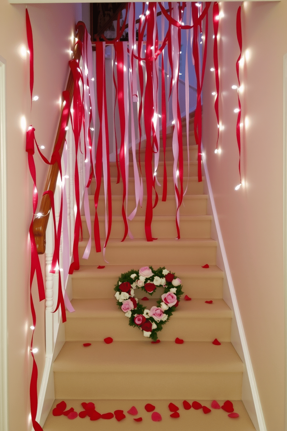 A charming staircase adorned with hanging red and white streamers creates a festive atmosphere for Valentine's Day. The streamers cascade elegantly from the bannister, intertwining with soft fairy lights that illuminate the space. At the base of the staircase, a heart-shaped wreath made of fresh flowers complements the vibrant streamers. Scattered rose petals on the steps add a romantic touch, inviting guests to ascend into a beautifully decorated space.