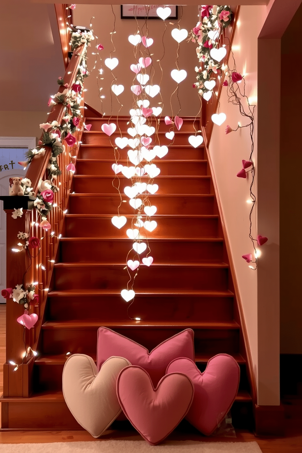 A romantic staircase adorned with heart-shaped fairy lights cascades down the steps, creating a whimsical atmosphere for Valentine's Day. The soft glow of the lights enhances the warm tones of the wooden staircase, inviting guests to enjoy the festive decor. Delicate garlands of faux flowers intertwine with the fairy lights, adding a touch of elegance and charm to the staircase. At the base, a collection of heart-shaped decorative pillows is arranged, providing a cozy and inviting feel to the space.